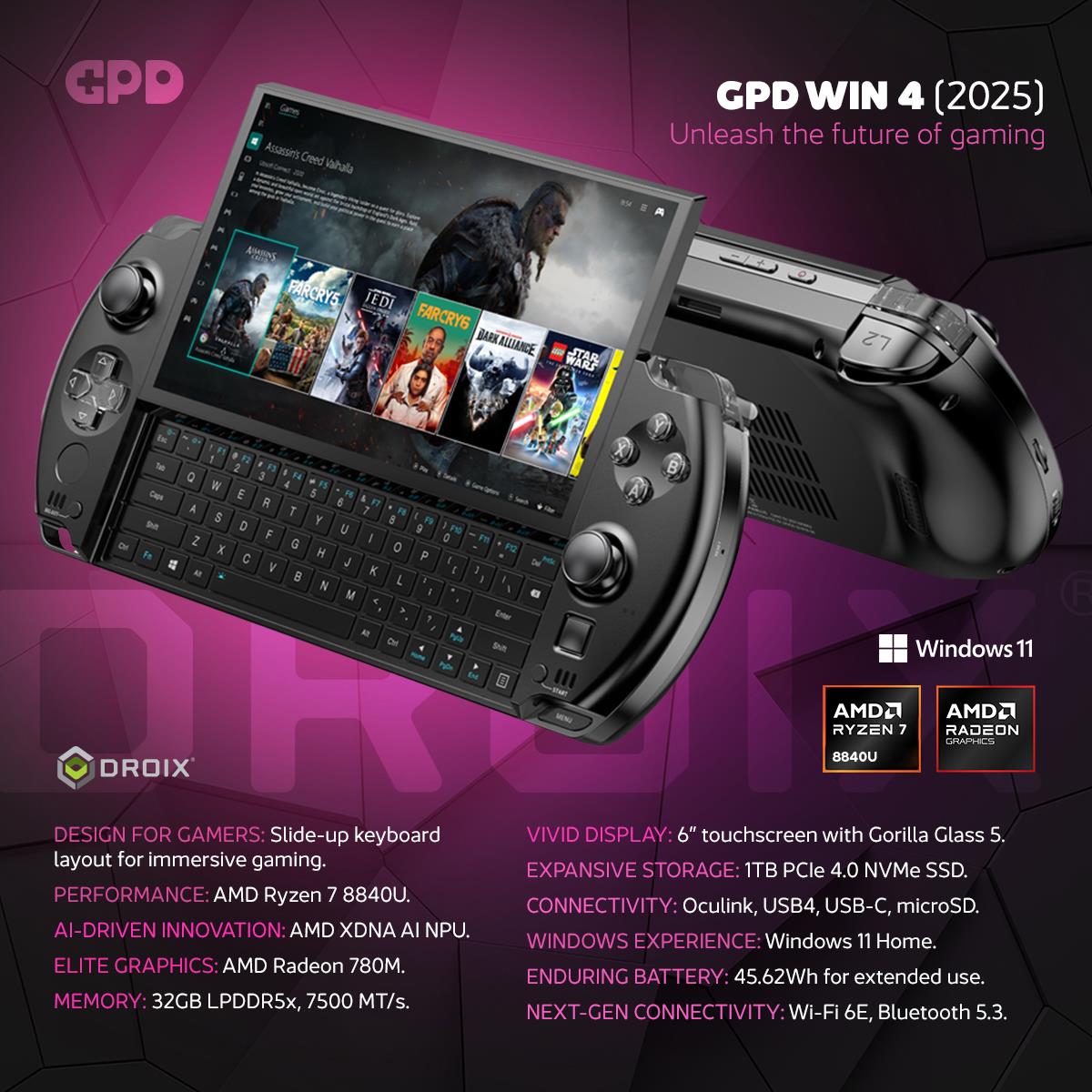 GPD Win 4 2025 El Oyun Konsolu 6 inch 1920x1080 AMD Ryzen 7 8840U 32G 1TB SSD Win 11 Mini Bilgisayar