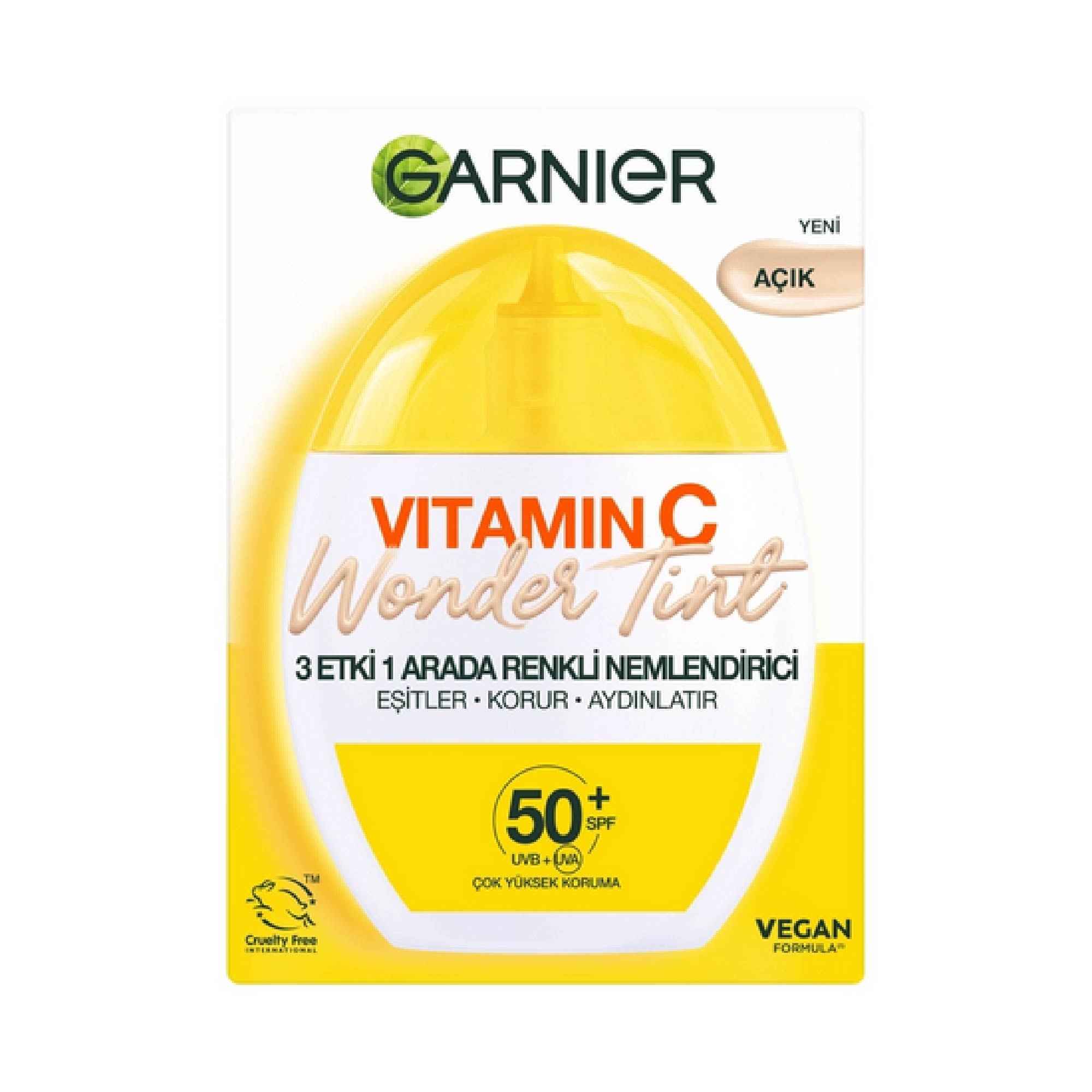 Garnier C Vitamini Wonder Tint 3 Etki 1 Arada 50+SPF Renkli Nemlendirici Yüz Güneş Kremi 40 ml Açık Ton
