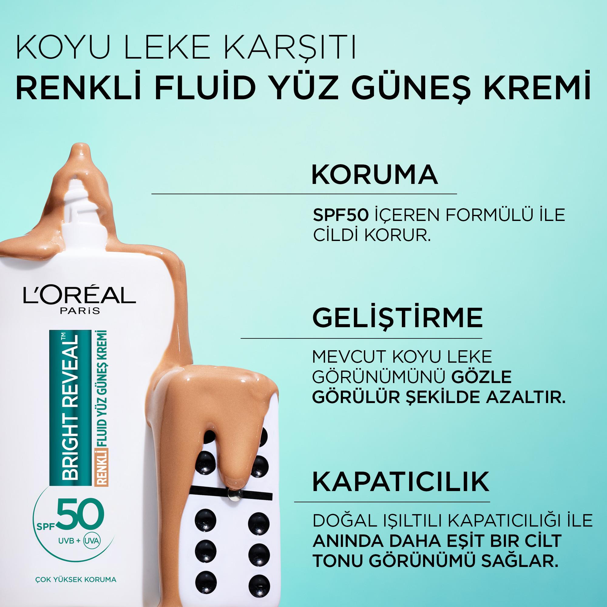 Loreal Paris Bright Reveal Renkli Fluid Güneş Kremi SPF50+ Medium 50 ml