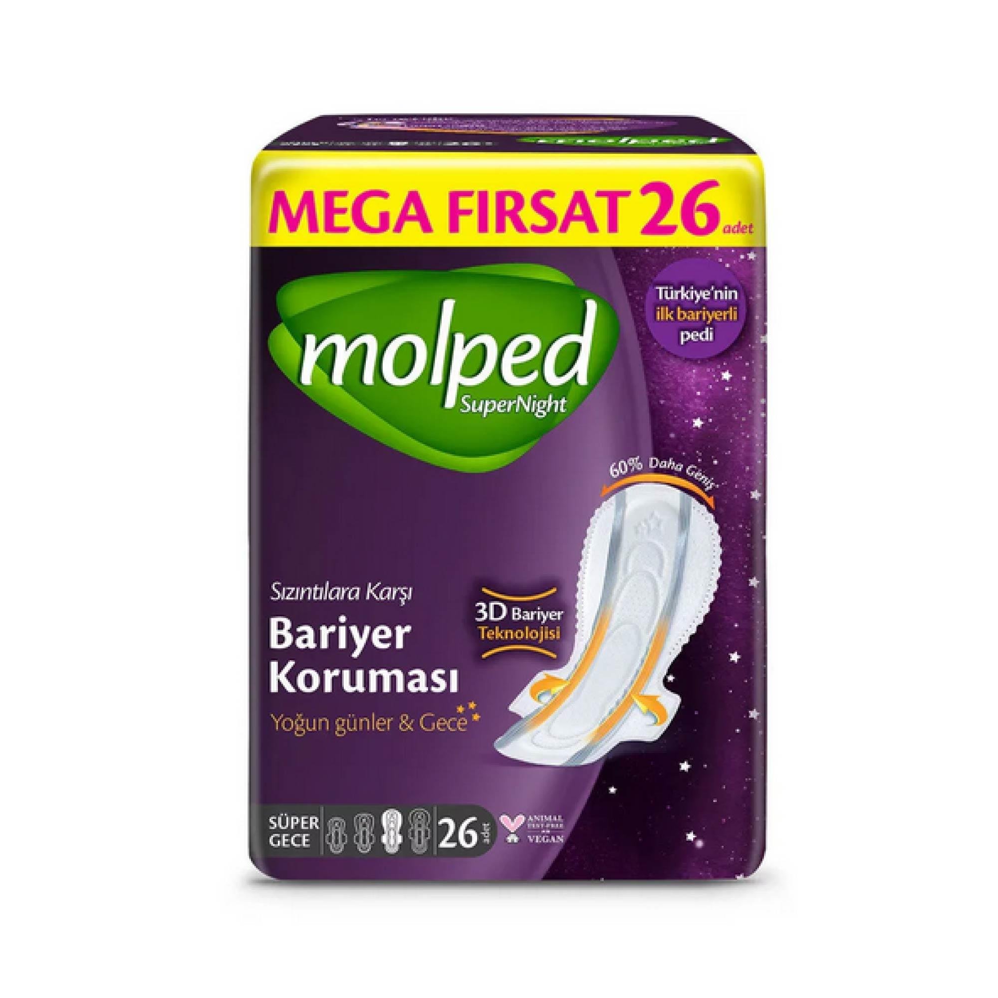 Molped Super Night Hijyenik Ped Süper Ekonomik Bariyer Koruması Süper Gece 26'lı