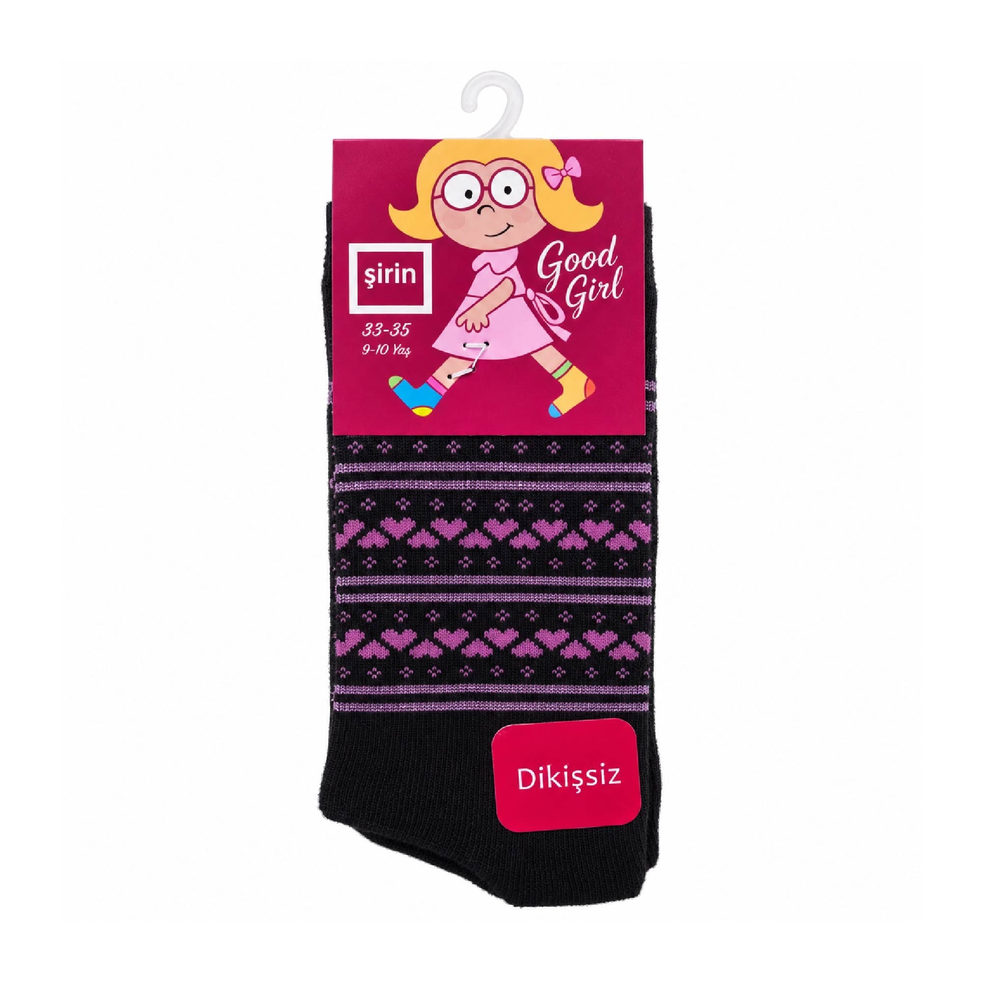 Şirin Dikişsiz Çorap Siyah Kız Çocuk Pembe Kalpli Desenli 9-10 Yaş (33-35 cm) 1309
