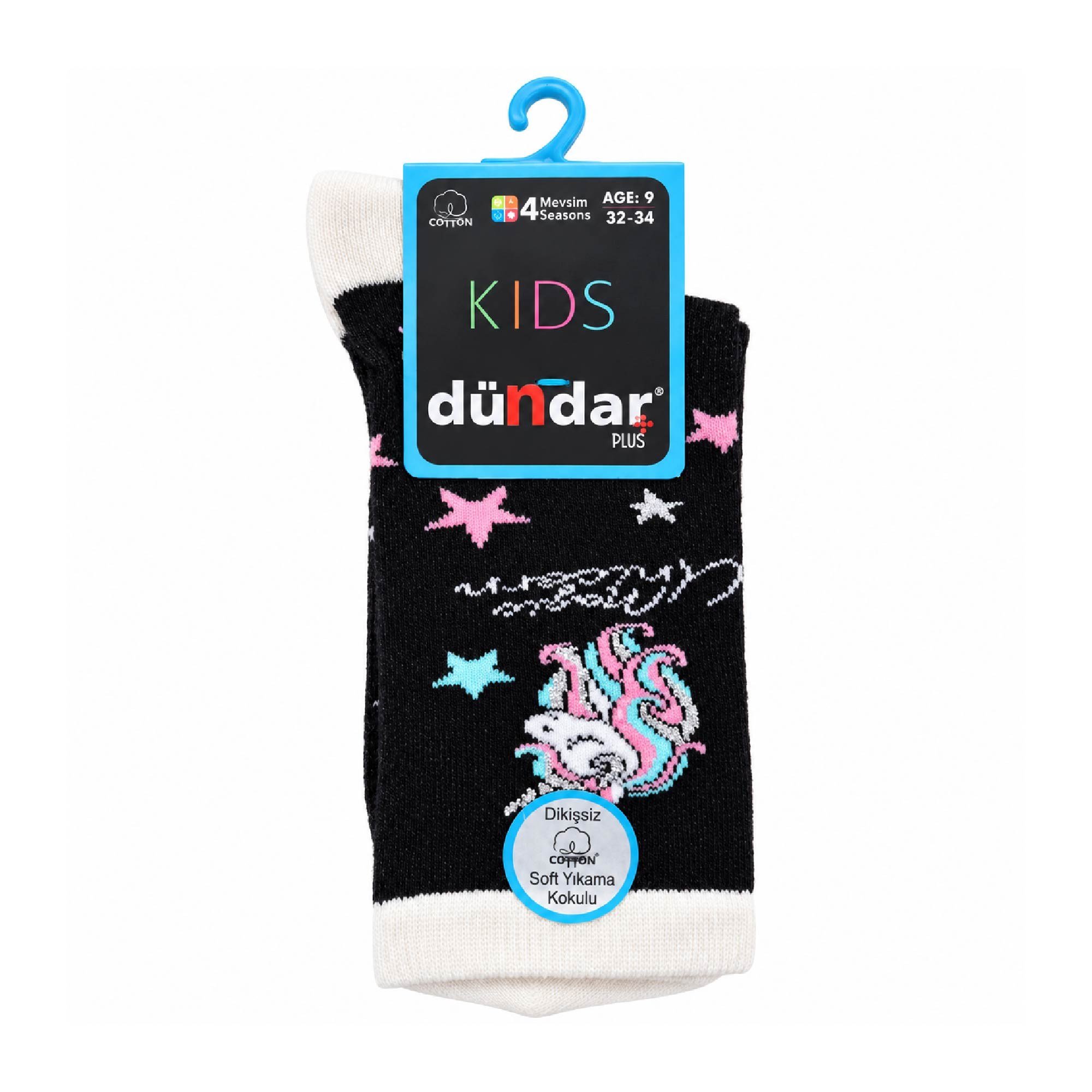 Dündar Plus Çocuk 4 Mevsim Çorap 9 Yaş Siyah Unicorn Desenli