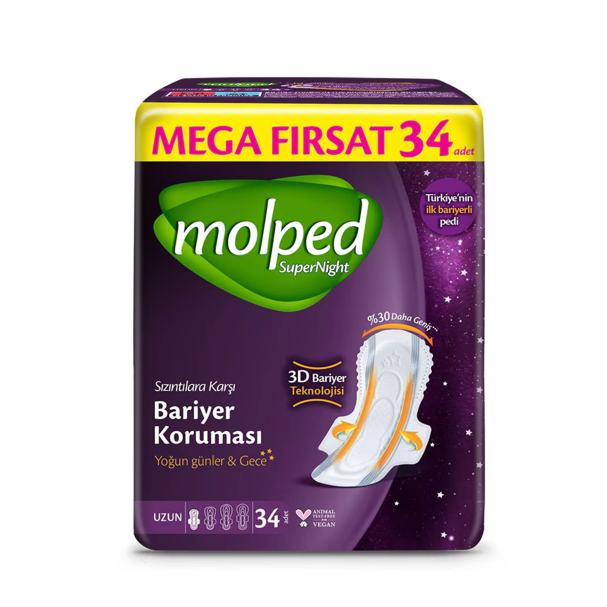 Molped Super Night Hijyenik Ped Süper Ekonomik Bariyer Koruması Uzun 34'lü