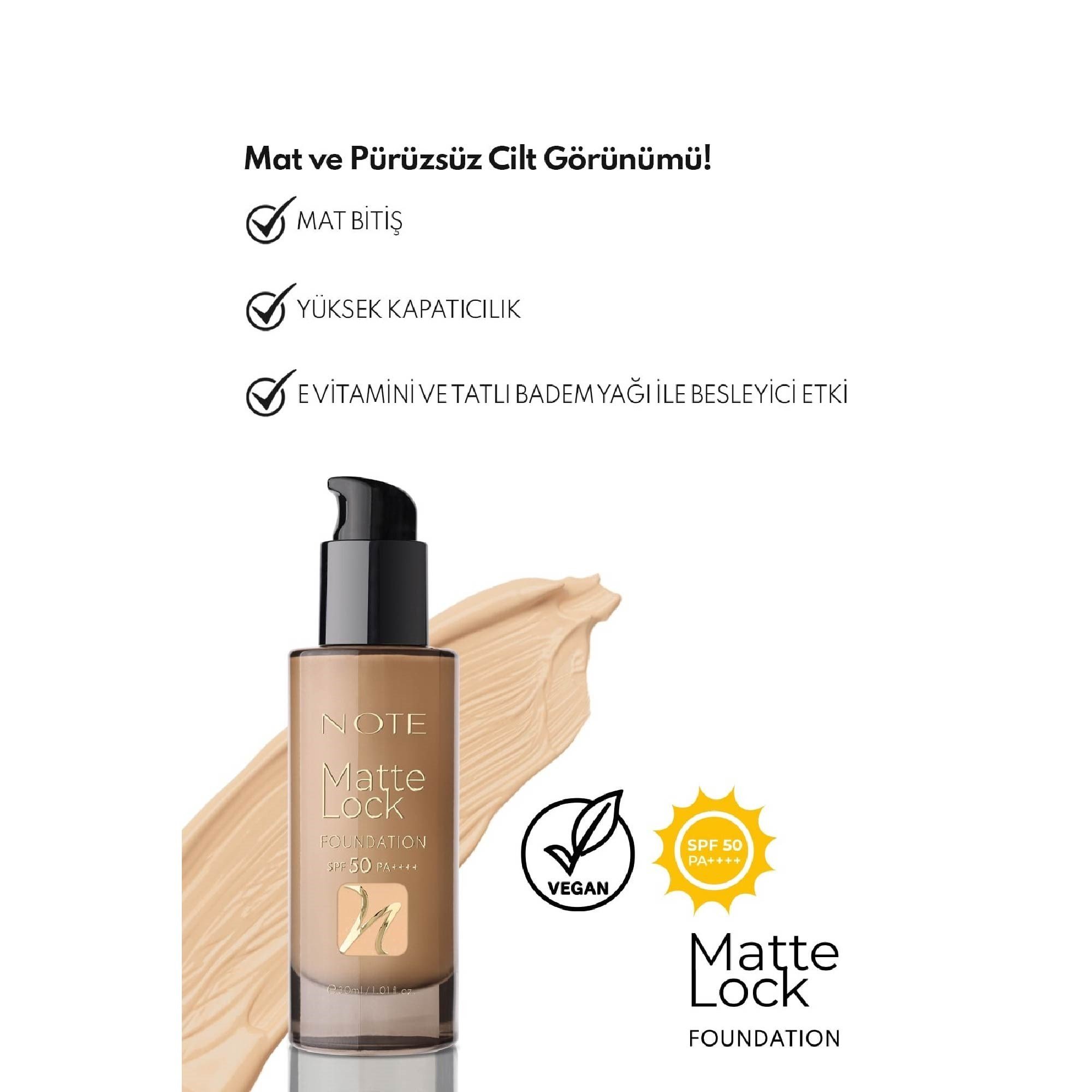 Note Matte Lock Foundation 120 Medium Beige SPF 50 Yoğun Kapatıcı Mat Bitişli Fondöten