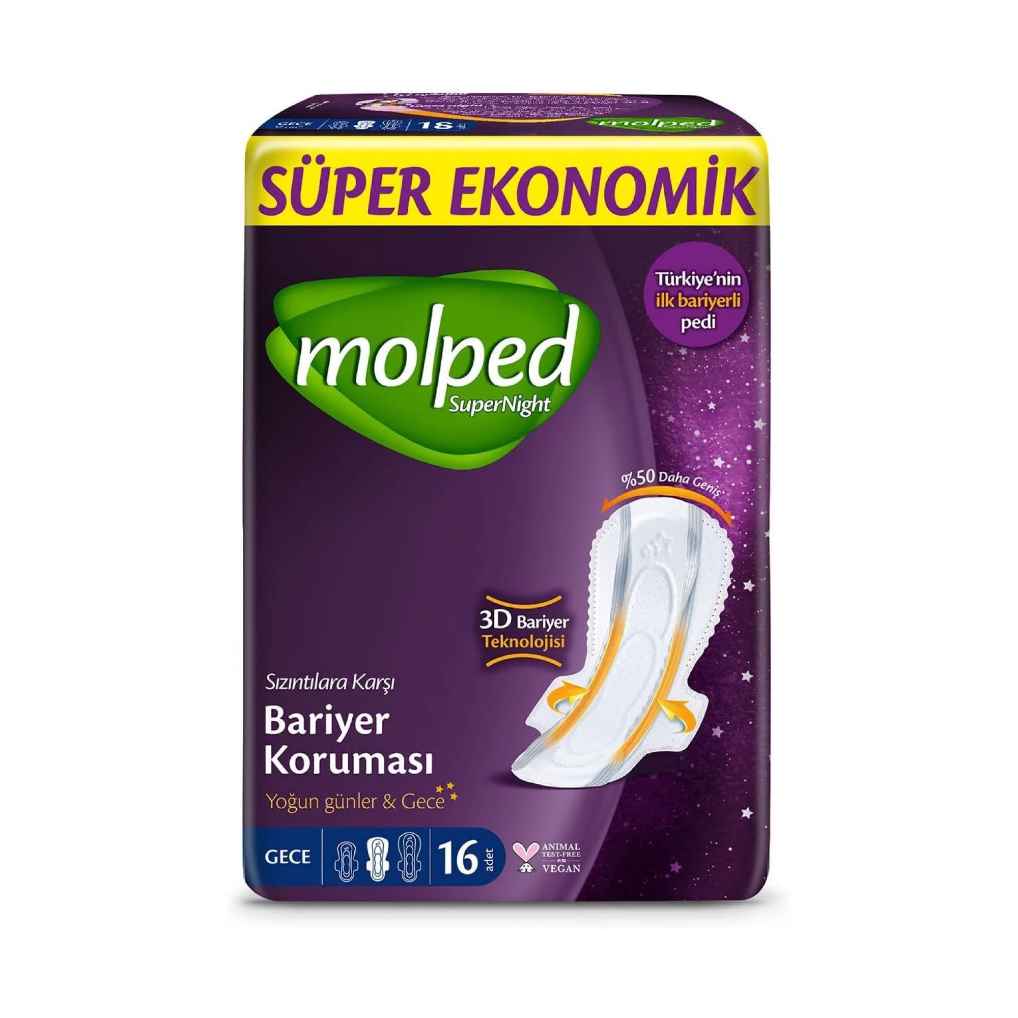 Molped Super Night Hijyenik Ped Süper Ekonomik Bariyer Koruması Gece 16'lı 