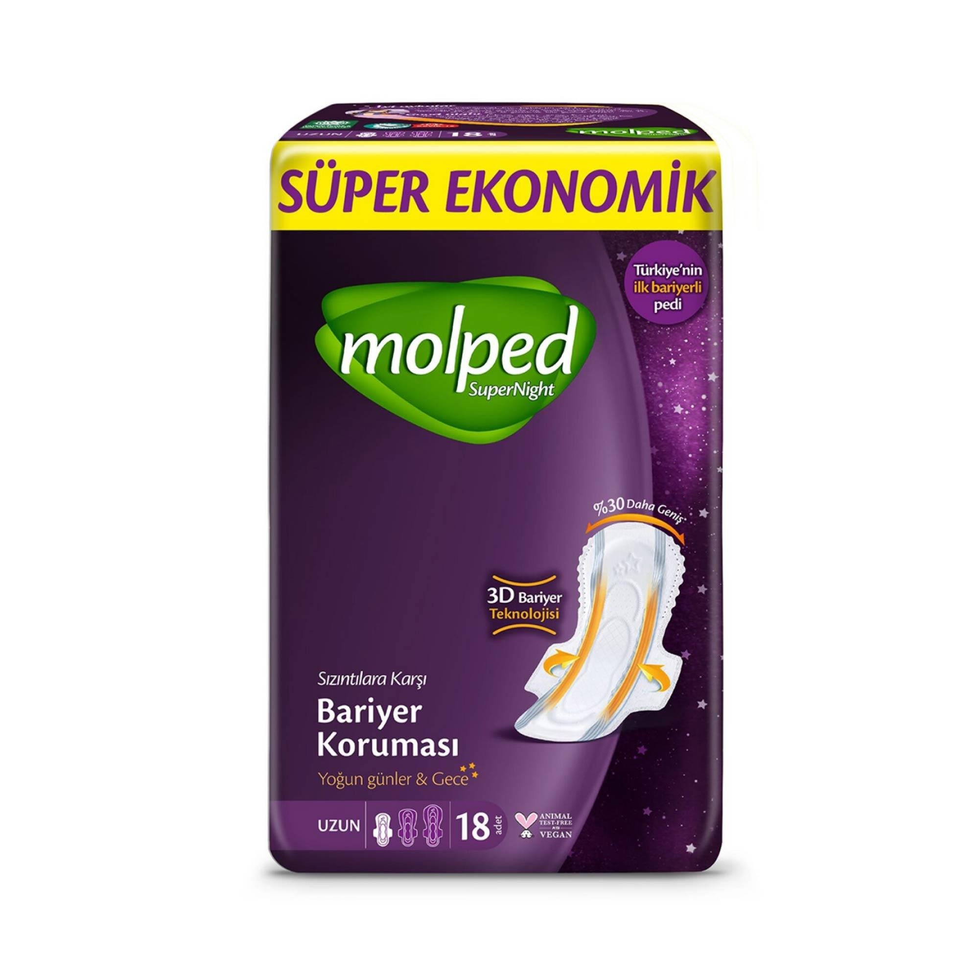 Molped Super Night Hijyenik Ped Süper Ekonomik Bariyer Koruması Uzun 18'li