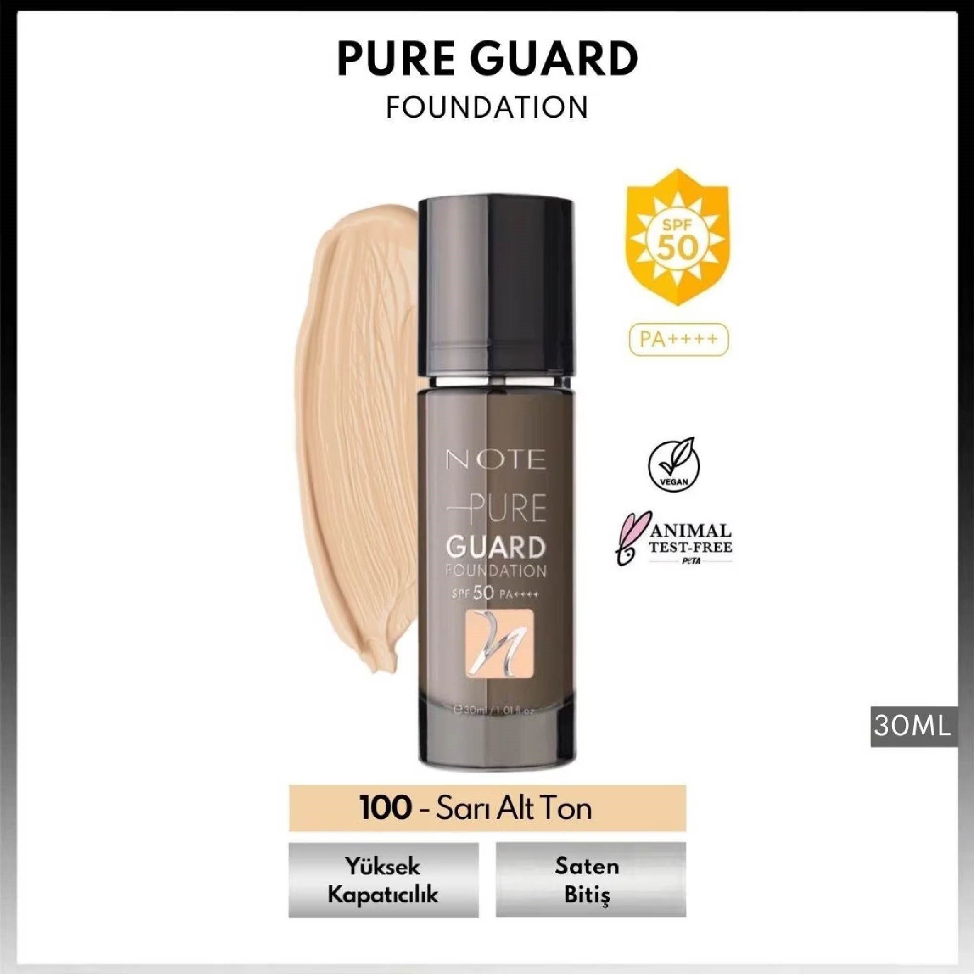 Note Pure Guard Foundation SPF 50 Yoğun Kapatıcı Saten Bitişli Fondöten 100 Glowing Beige