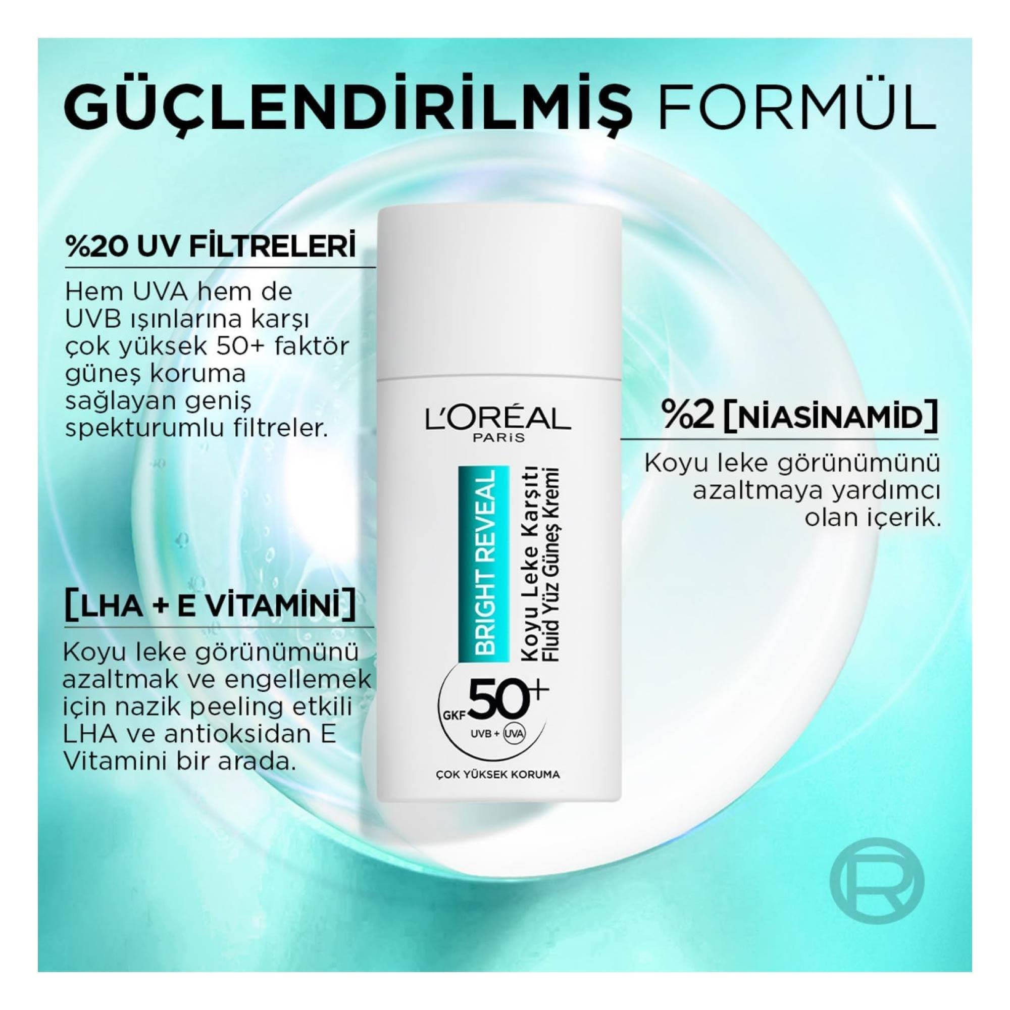 Loreal Paris Bright Reveal Yüz Güneş Kremi Koyu Leke Karşıtı Fluid Spf +50 50 ml