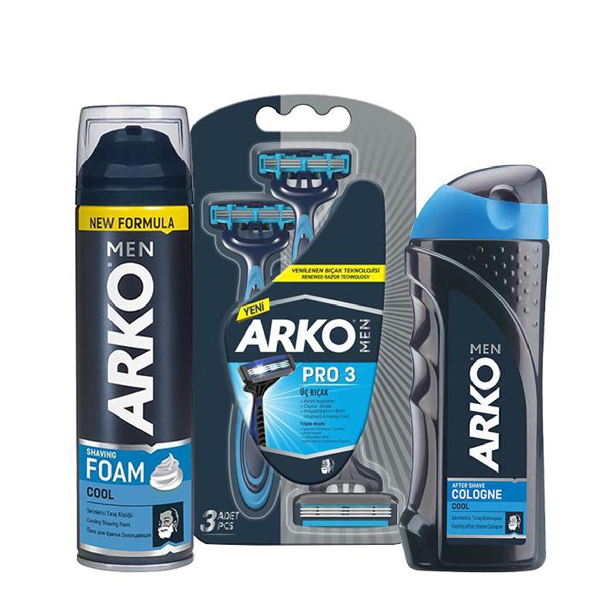 Arko Men Pro3 Tıraş Bıçağı 3'Lü + Cool Tıraş Köpüğü 200 Ml + Cool Tıraş Kolonyası