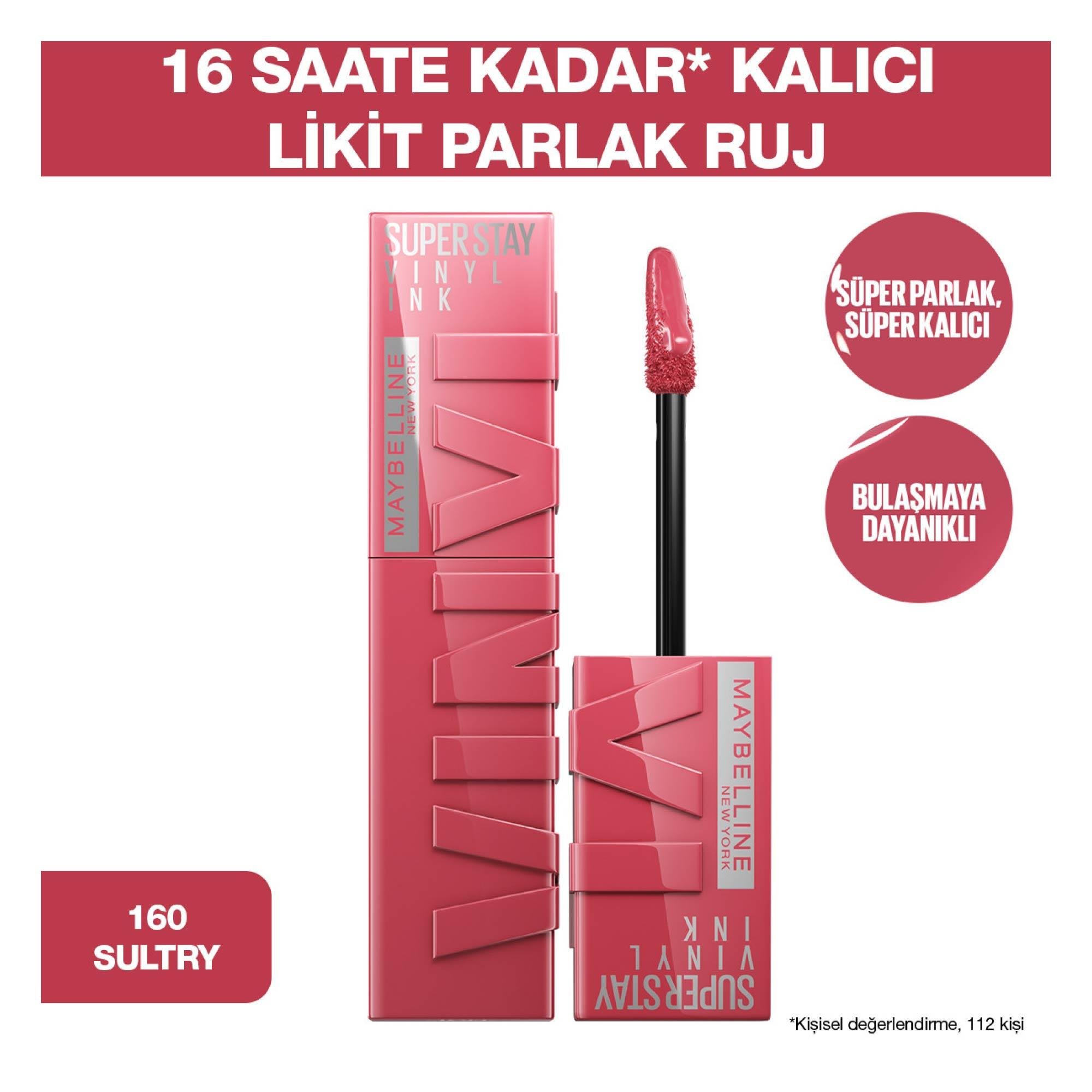 Maybelline New York Super Stay Vinyl Ink Uzun Süre Kalıcı Likit Parlak Ruj No:160 Sultry