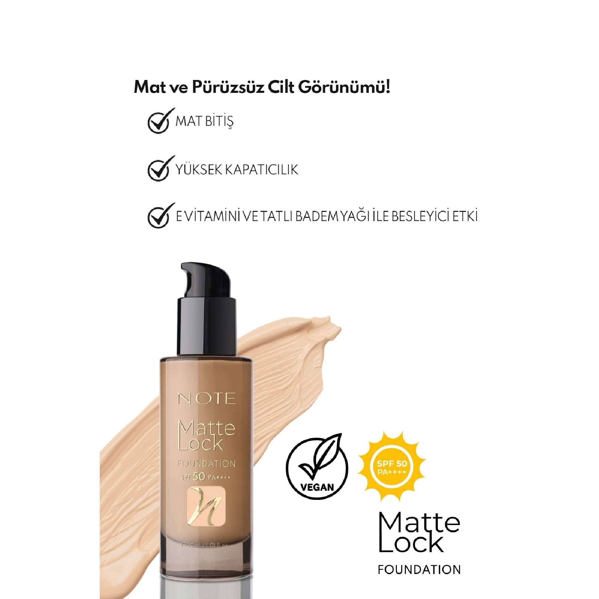 Note Matte Lock Foundation 100 Velvet Beige SPF 50 Yoğun Kapatıcı Mat Bitişli Fondöten