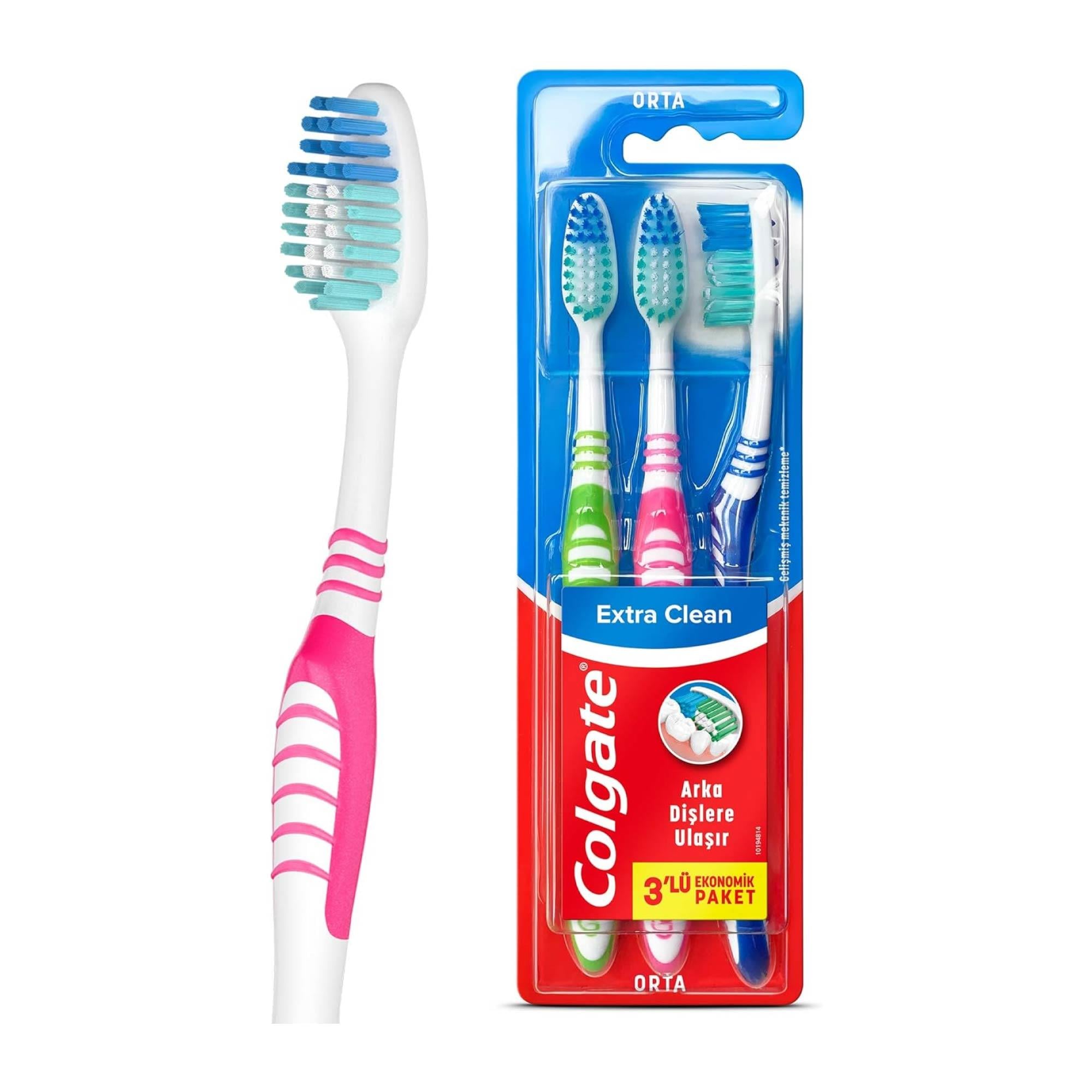 Colgate Extra Clean Dil Temizleyicili Arka Dişlere Uzanan Orta Diş Fırçası 3'lü Ekonomik Paket