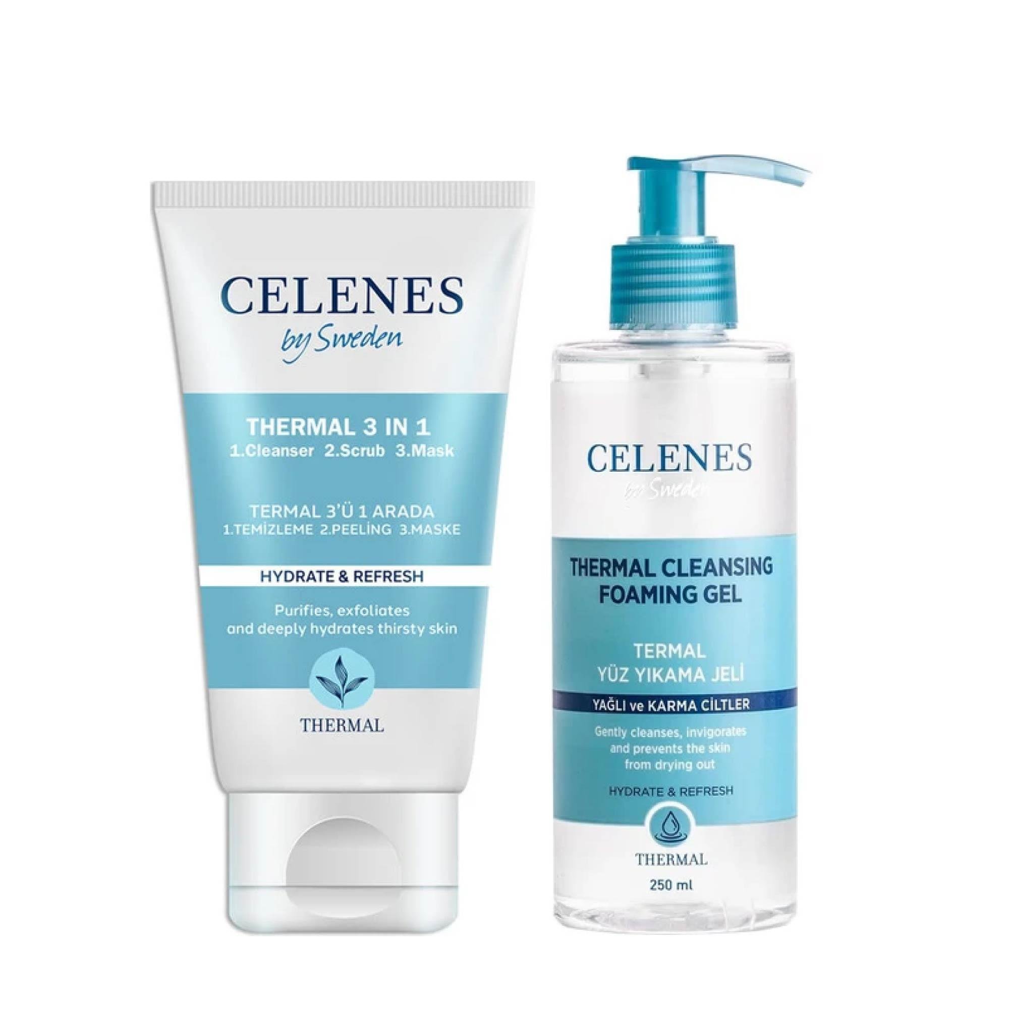 Celenes Thermal 3in1 Peeling - Maske - Temizleyici 150 ml Tüm Ciltler + Celenes Thermal Temizleme Jeli 250 ml Yağlı ve Karma Ciltler İçin