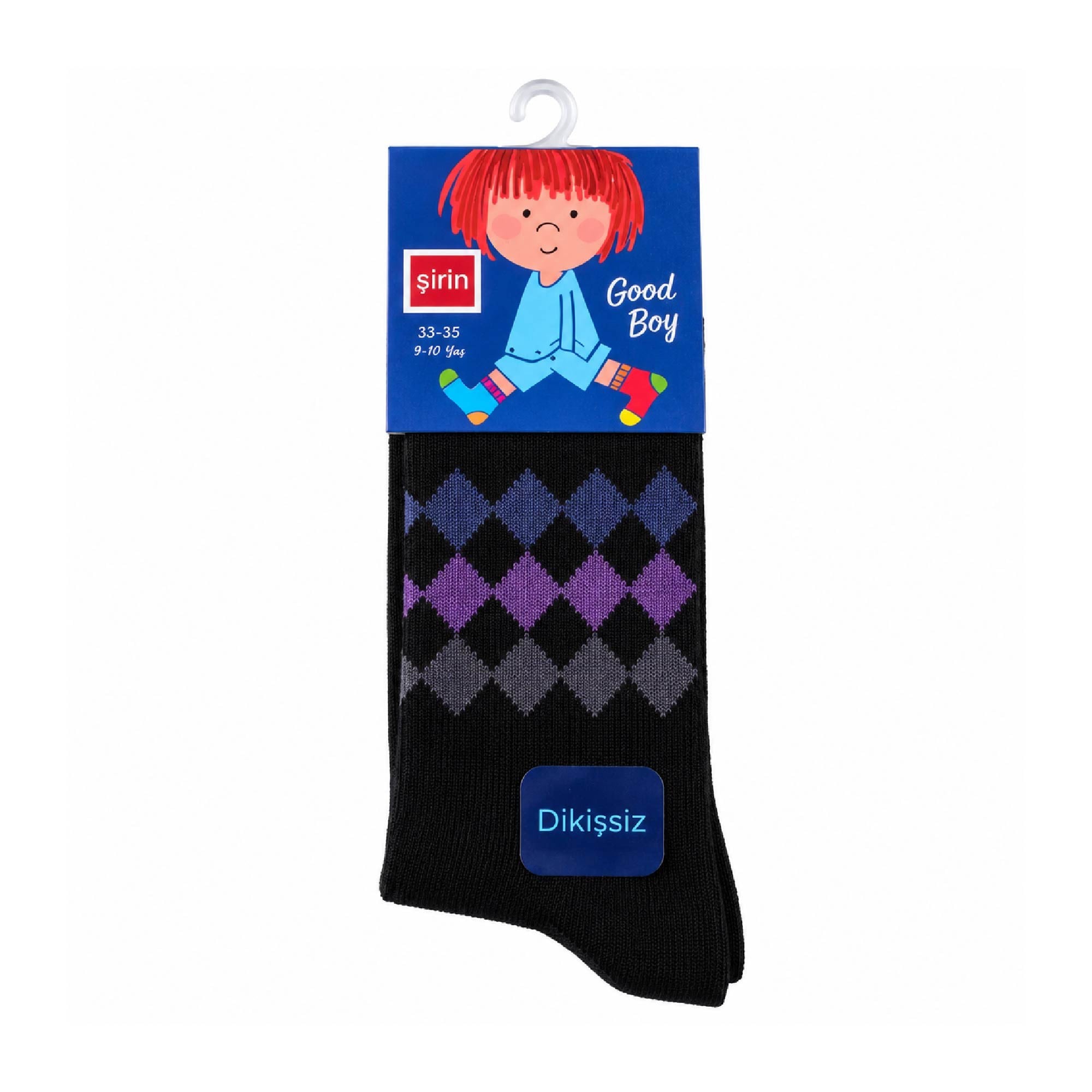 Şirin Dikişsiz Çorap Siyah Erkek Çocuk Baklava Desenli 9-10 Yaş (33-35 cm) 1209