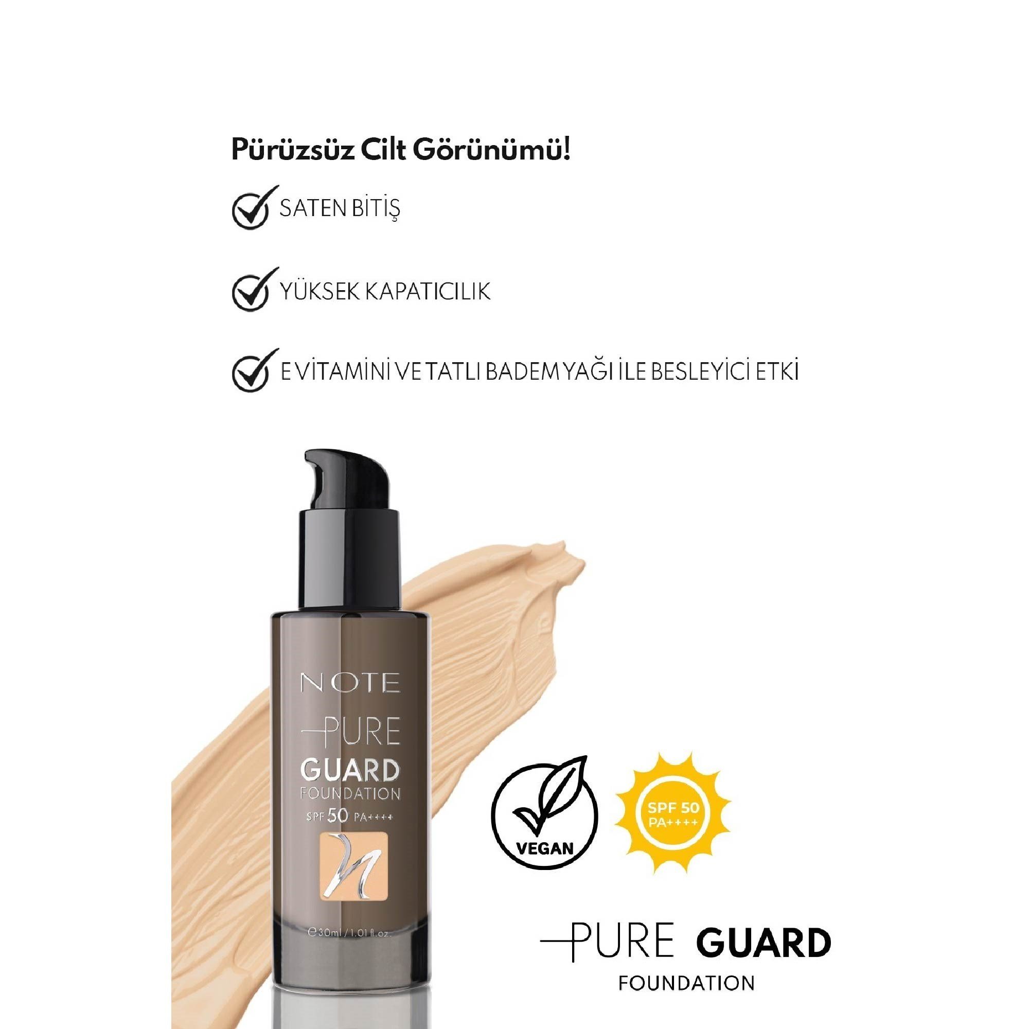 Note Pure Guard Foundation SPF 50 Yoğun Kapatıcı Saten Bitişli Fondöten 120 Golden Beige
