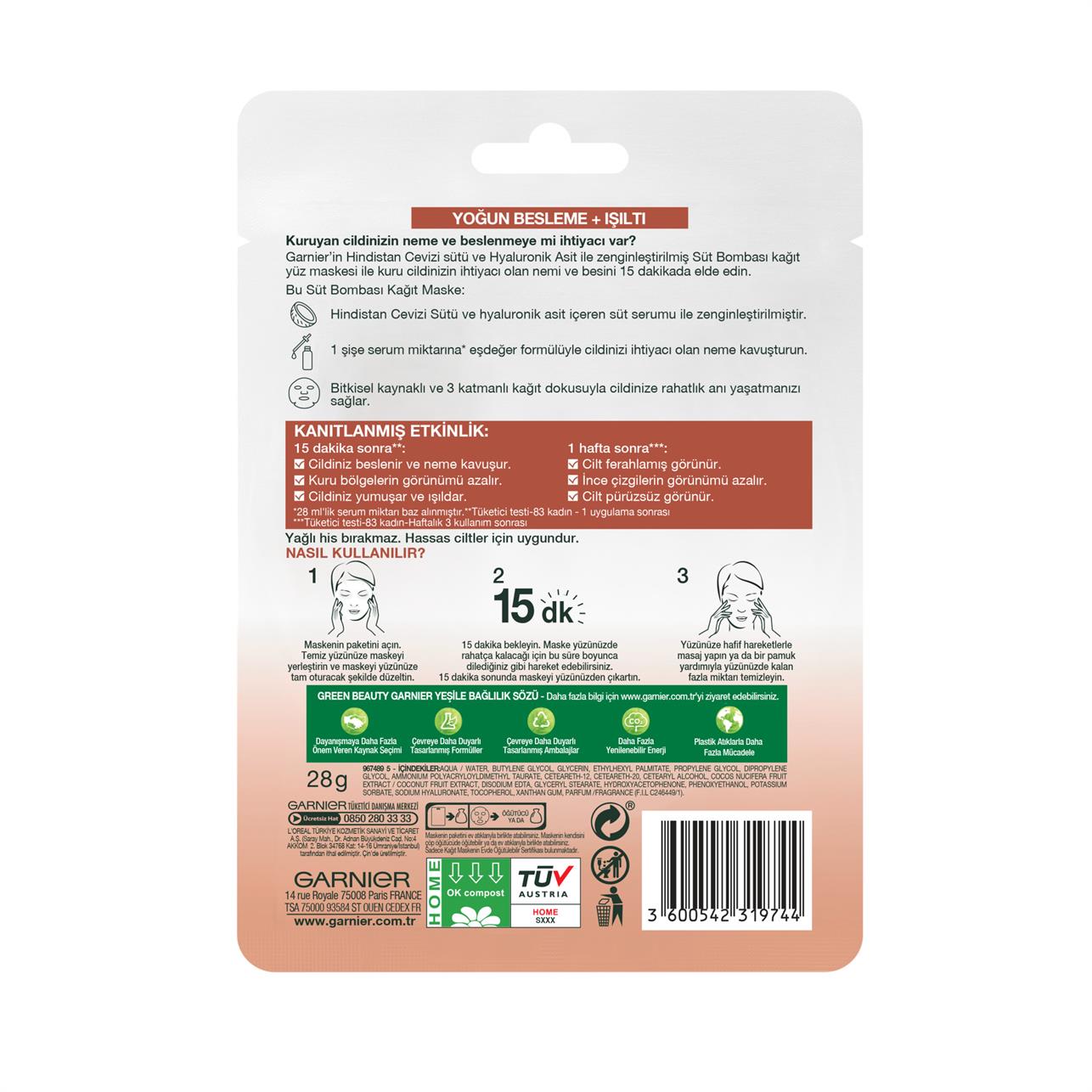 Garnier Süt Bombası Besleyici Kağıt Yüz Maskesi / Kuru ve Solgun Cilt 