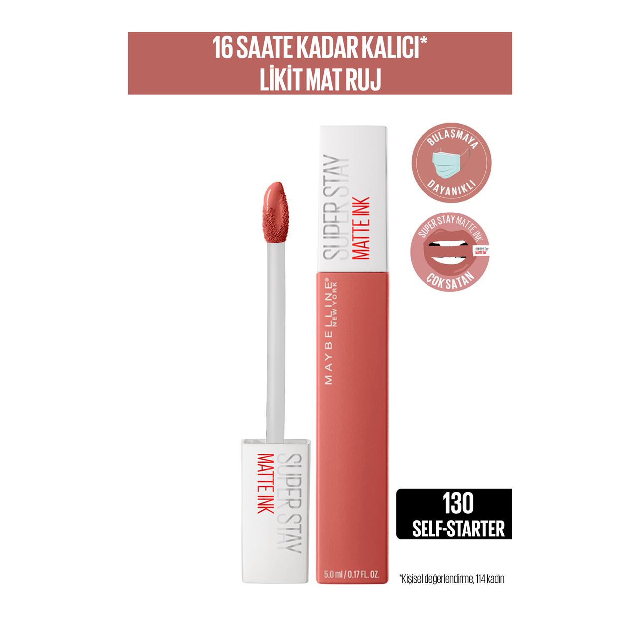 Maybelline New York Super Stay Matte Ink Mat Likit Ruj 130 Self Starter-Nude/Kahve