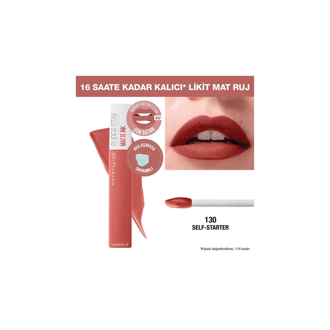 Maybelline New York Super Stay Matte Ink Mat Likit Ruj 130 Self Starter-Nude/Kahve