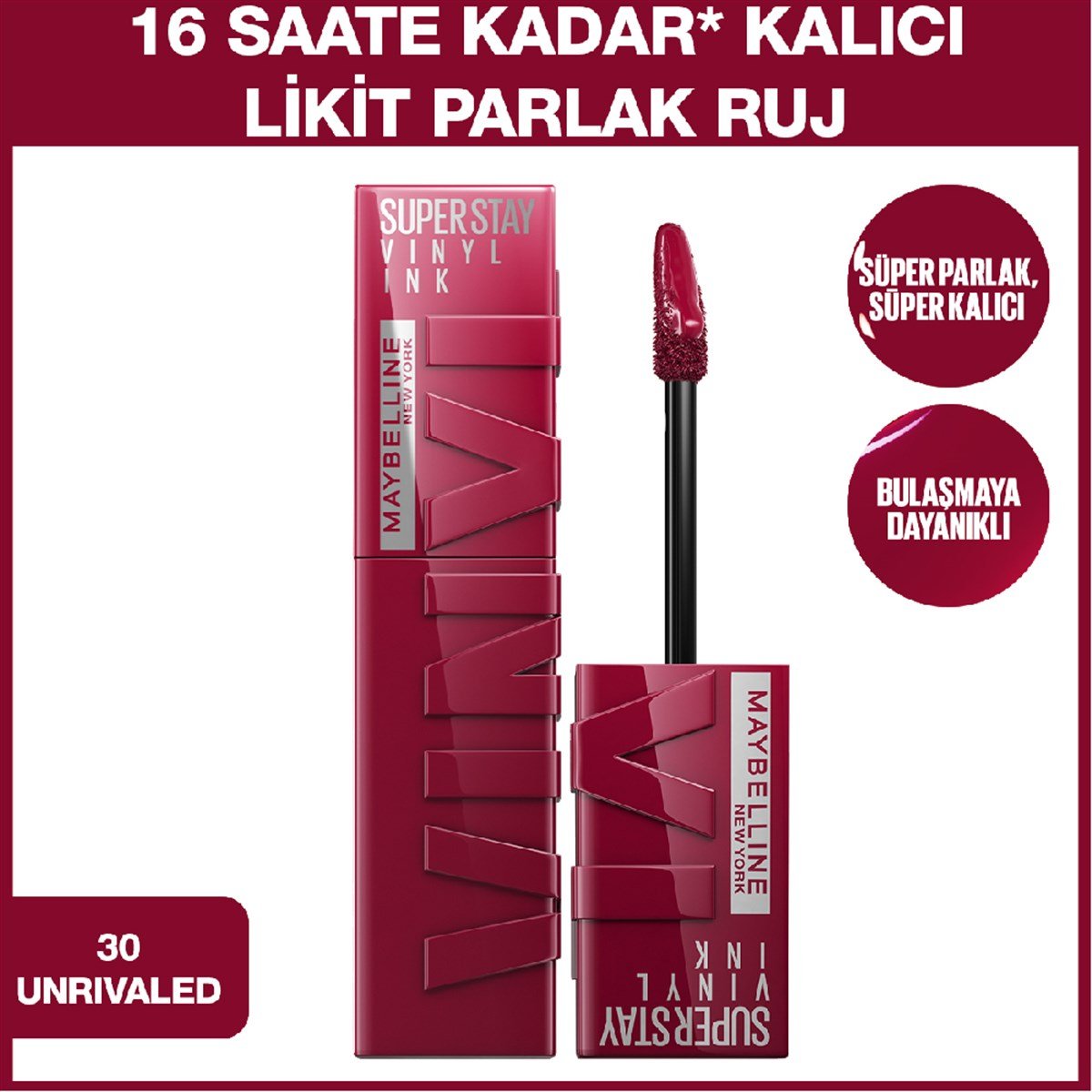 Maybelline New York Super Stay Vinyl Ink Uzun Süre Kalıcı Likit Parlak Ruj No:30 Unrivaled