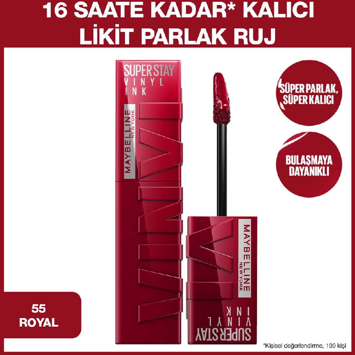Maybelline New York Super Stay Vinyl Ink Uzun Süre Kalıcı Likit Parlak Ruj No:55 Royal