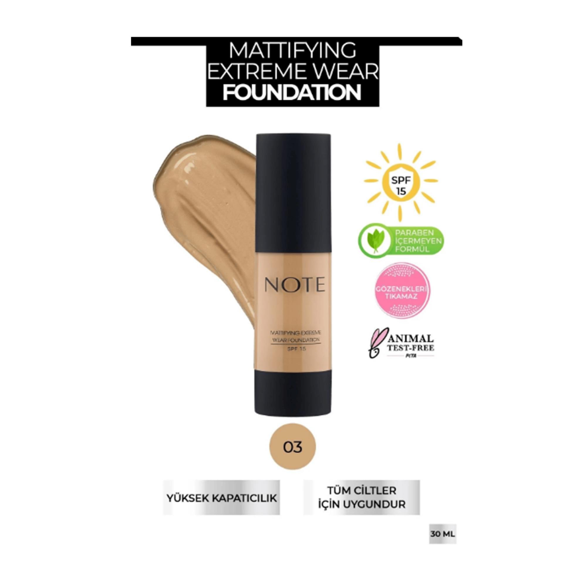 Note Mattifying Extreme Wear Fondöten Mat Bitiş 03 Medium Beige