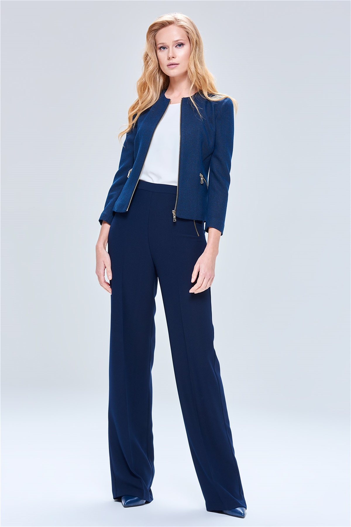 Pantolon,Yüksekbel Cepler Gold Fermuarlı,Bol Paça Krep Lacivert / Navy
