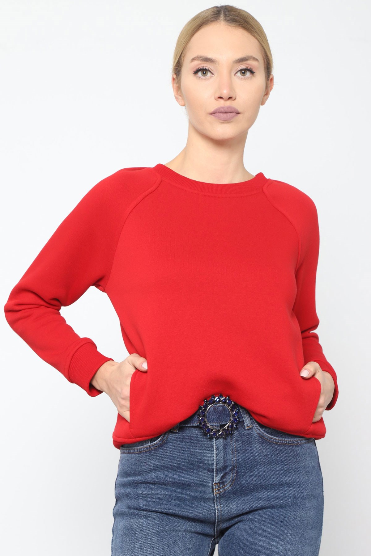 Sweatshirt-Ön Yaka Reglan Kol, Ön Cep Detaylı