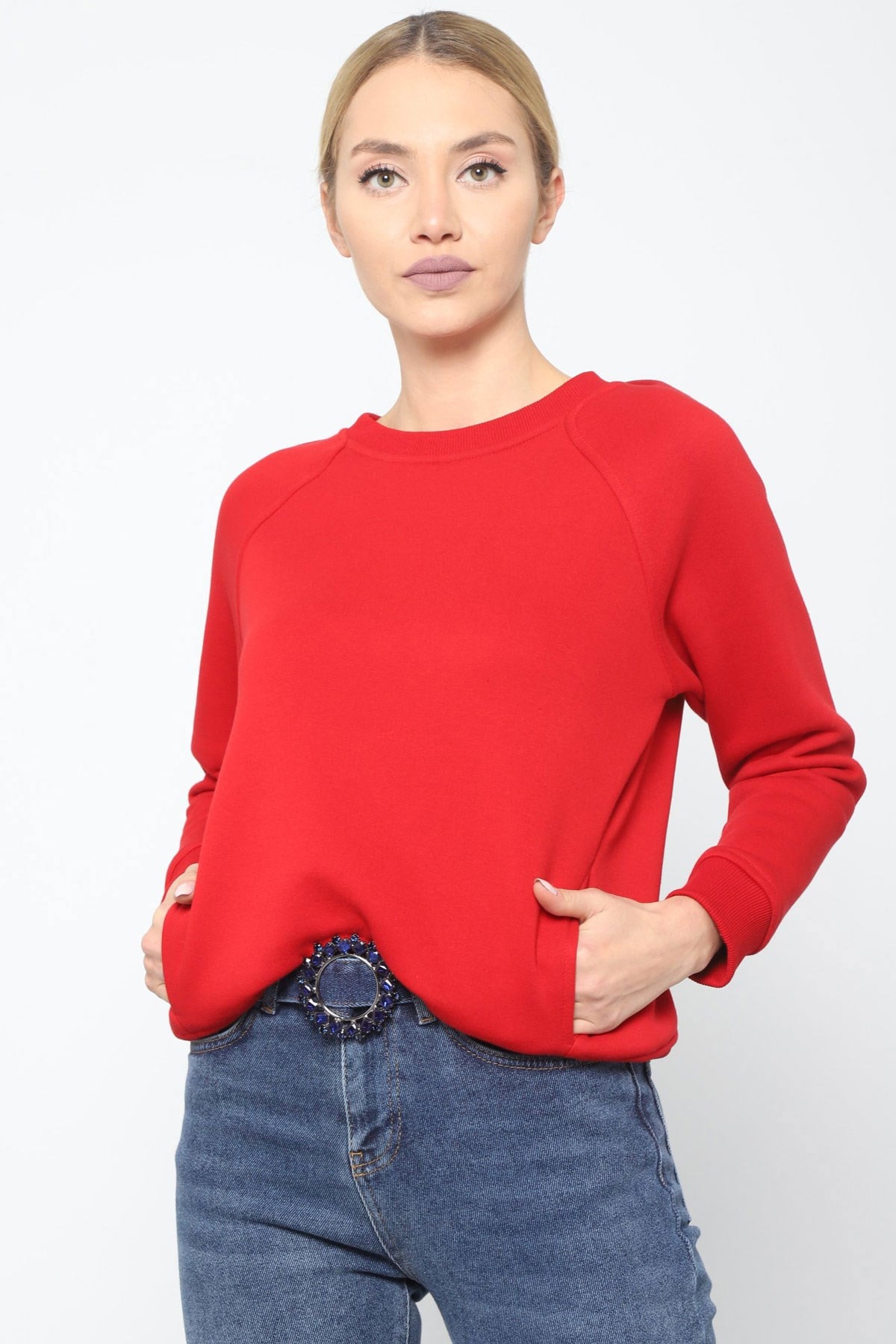Sweatshirt-Ön Yaka Reglan Kol, Ön Cep Detaylı