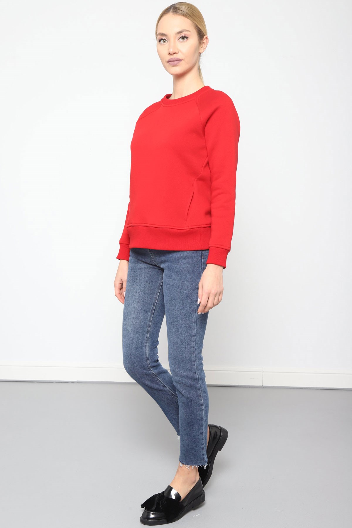 Sweatshirt-Ön Yaka Reglan Kol, Ön Cep Detaylı