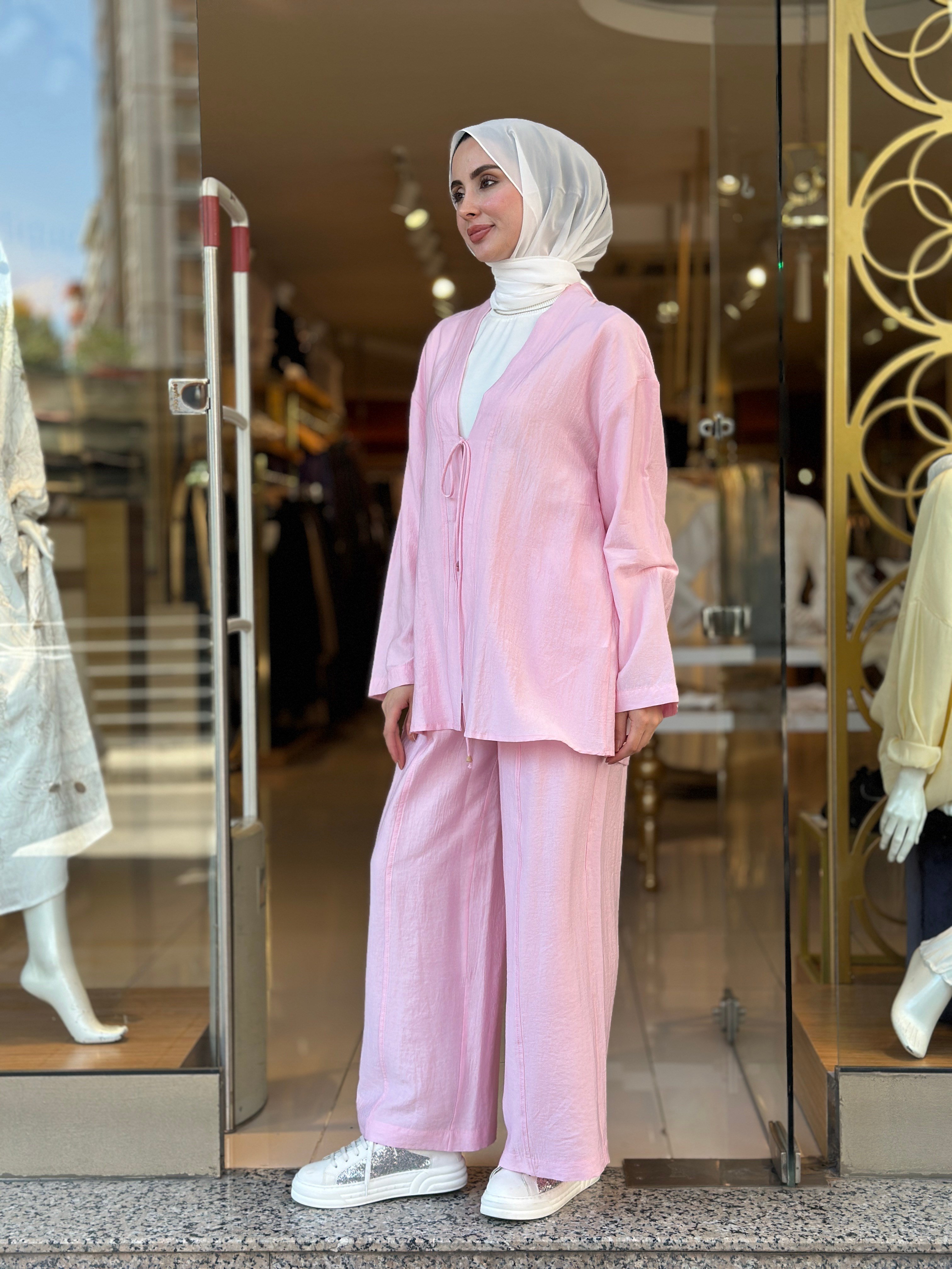 Bağlama Detaylı Kimono Takım - Pembe 