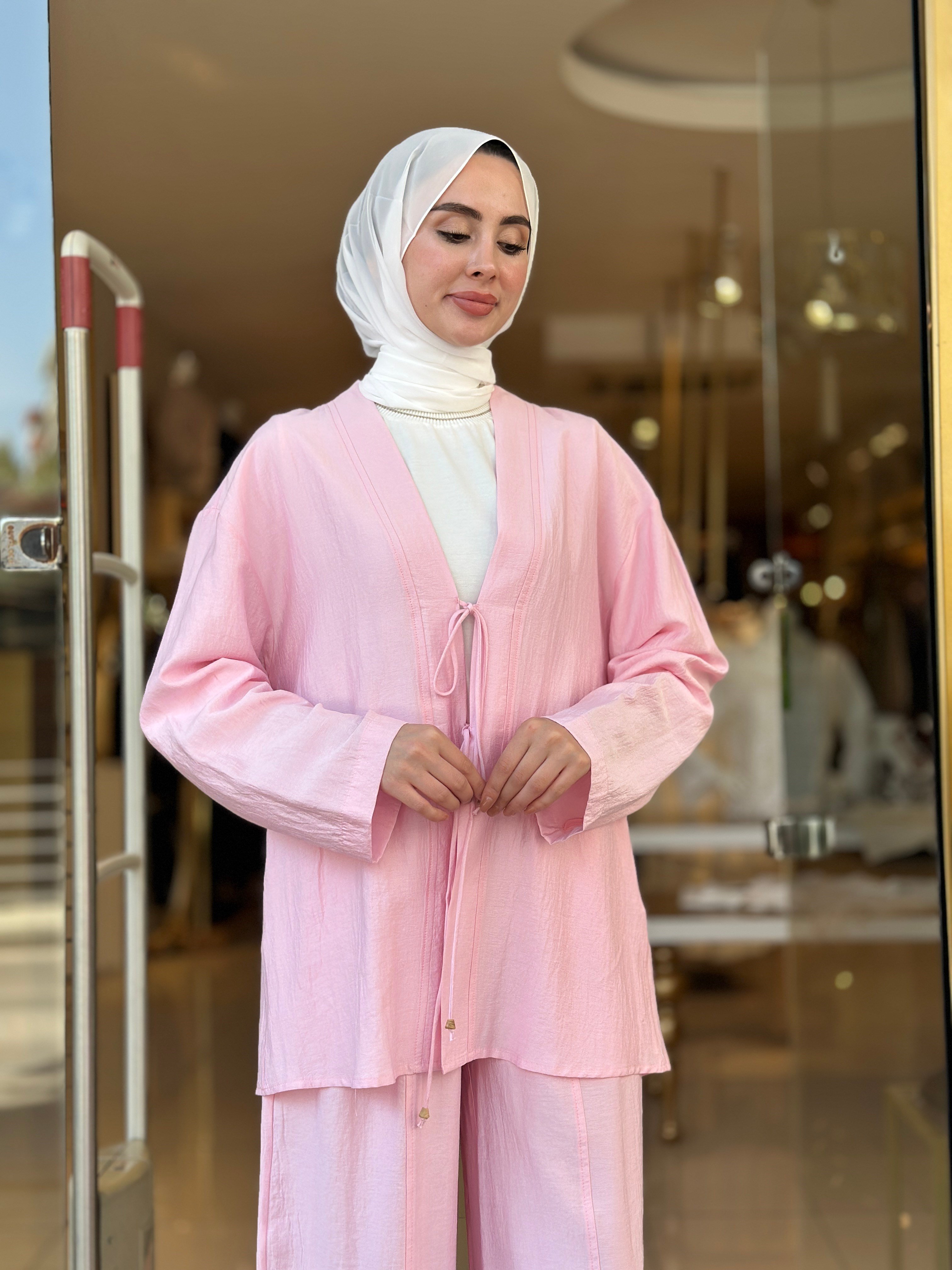 Bağlama Detaylı Kimono Takım - Pembe 