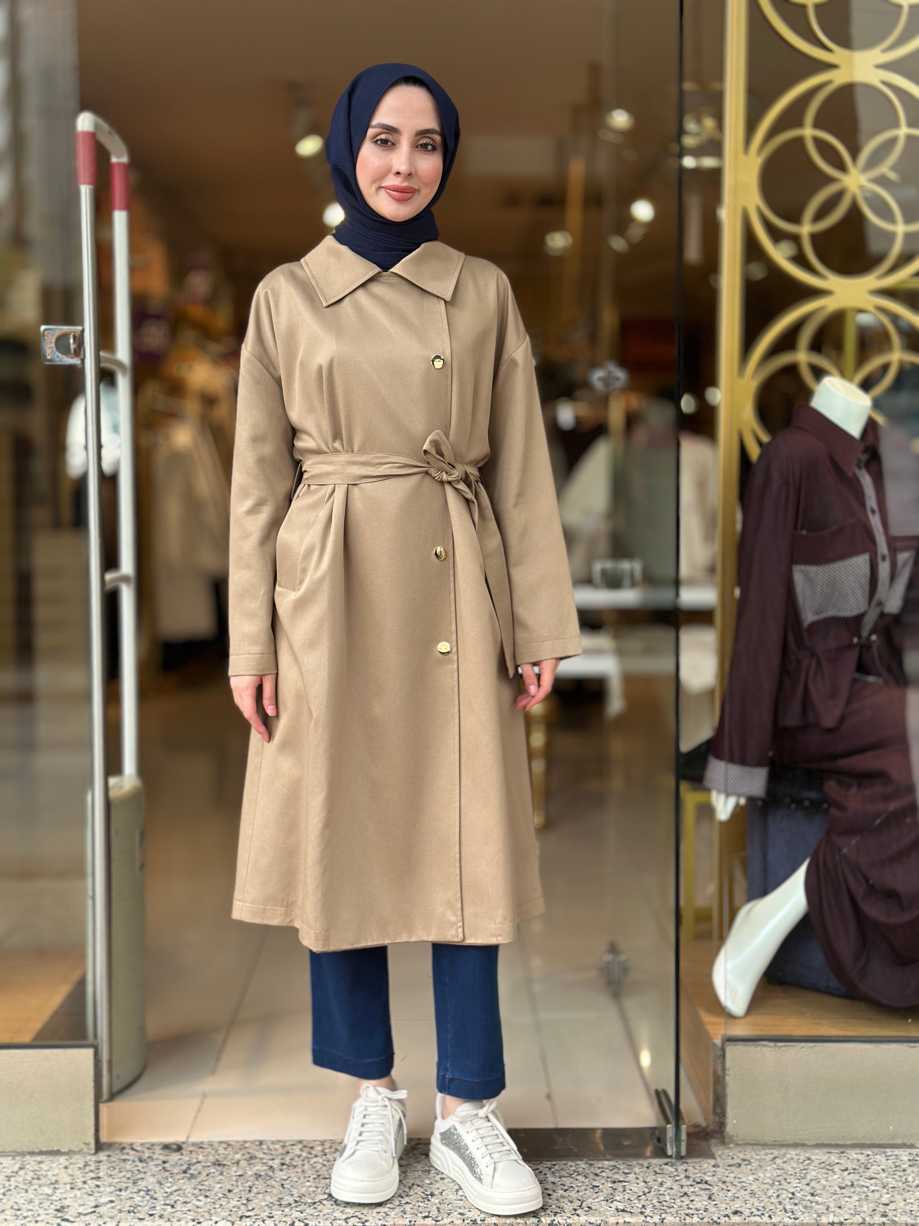 Belden Kuşaklı Şık Trençkot - Camel 