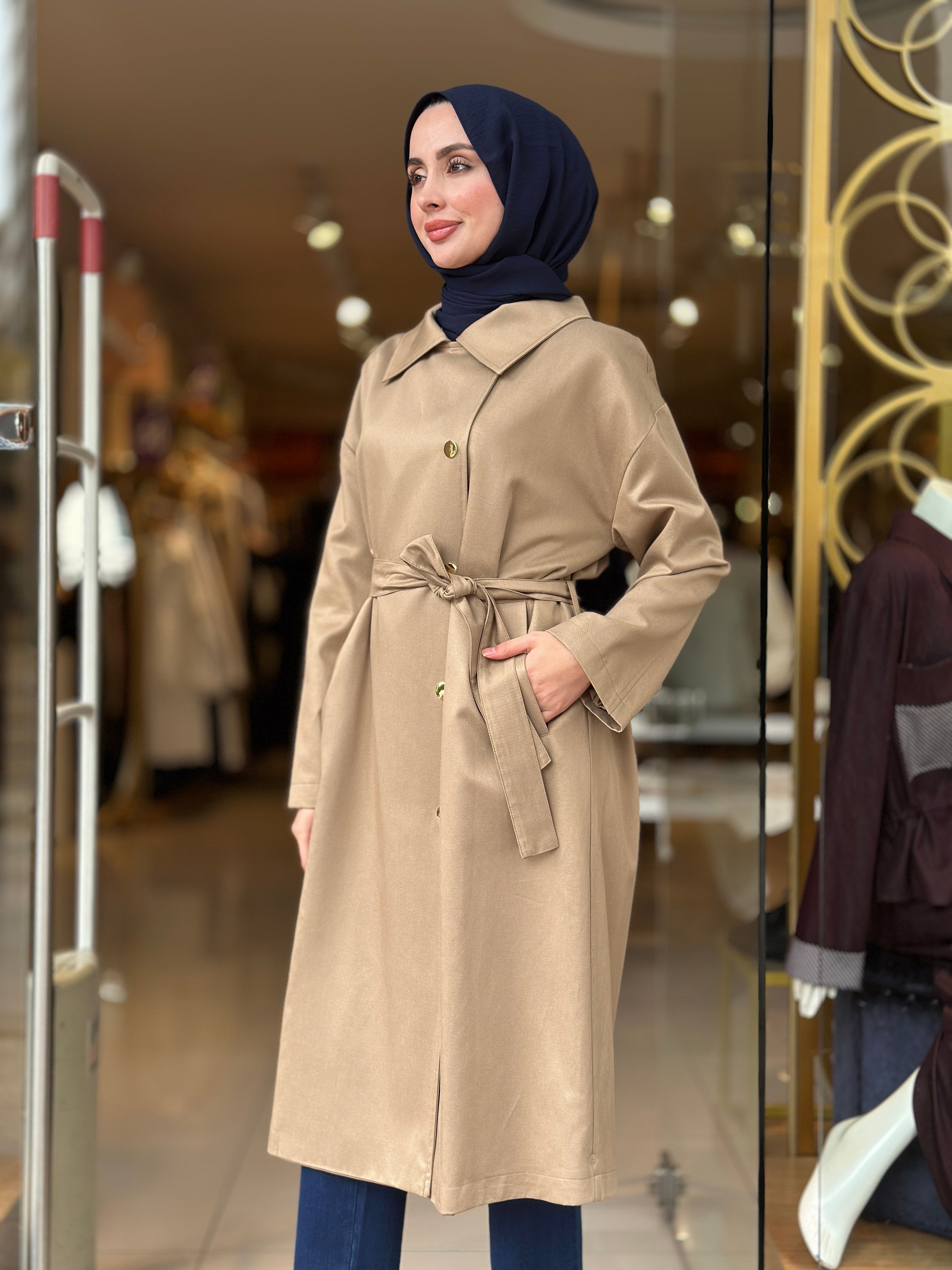 Belden Kuşaklı Şık Trençkot - Camel 