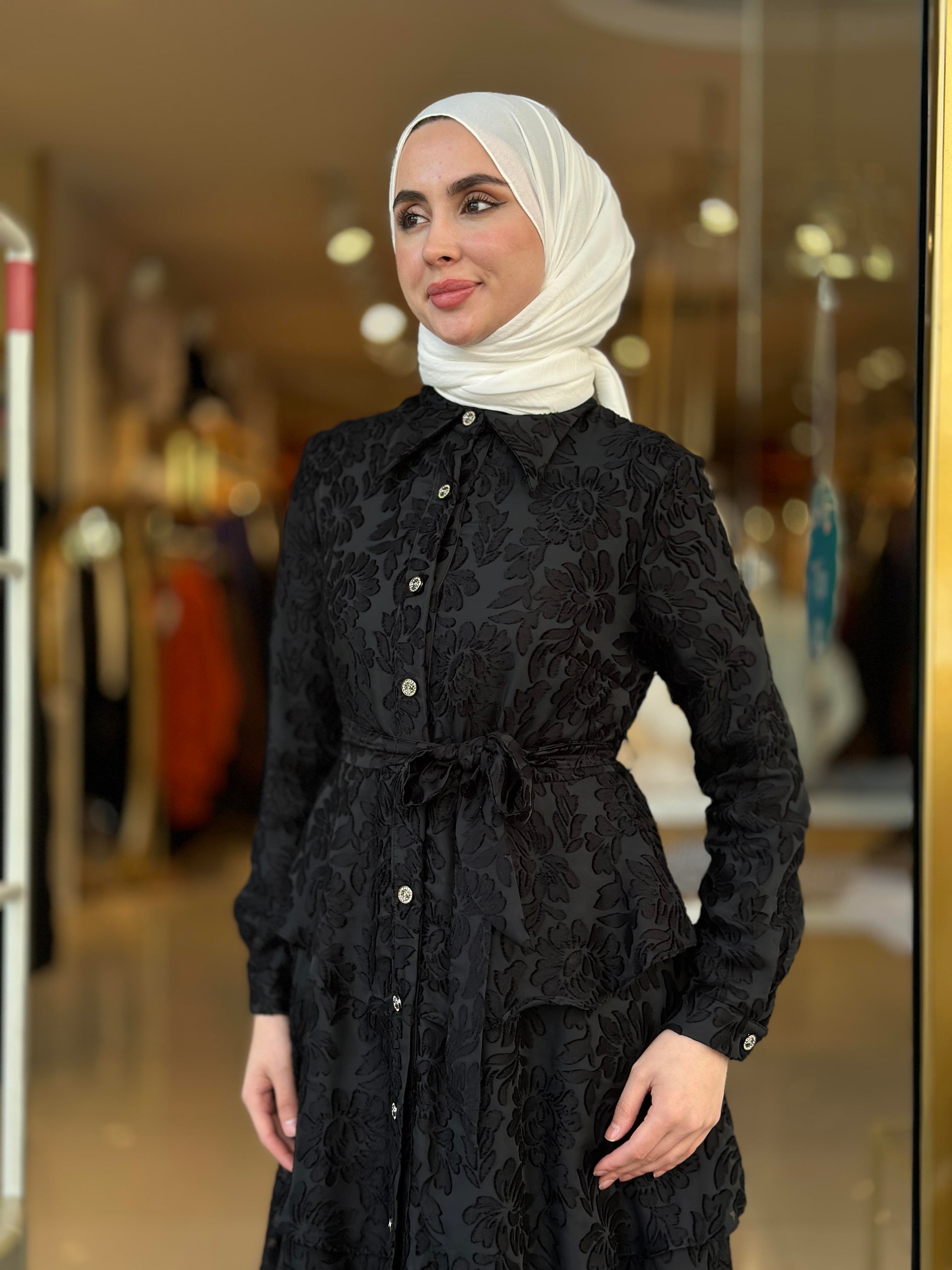 Çiçek Desen Kat Kat Şık Elbise - Siyah 