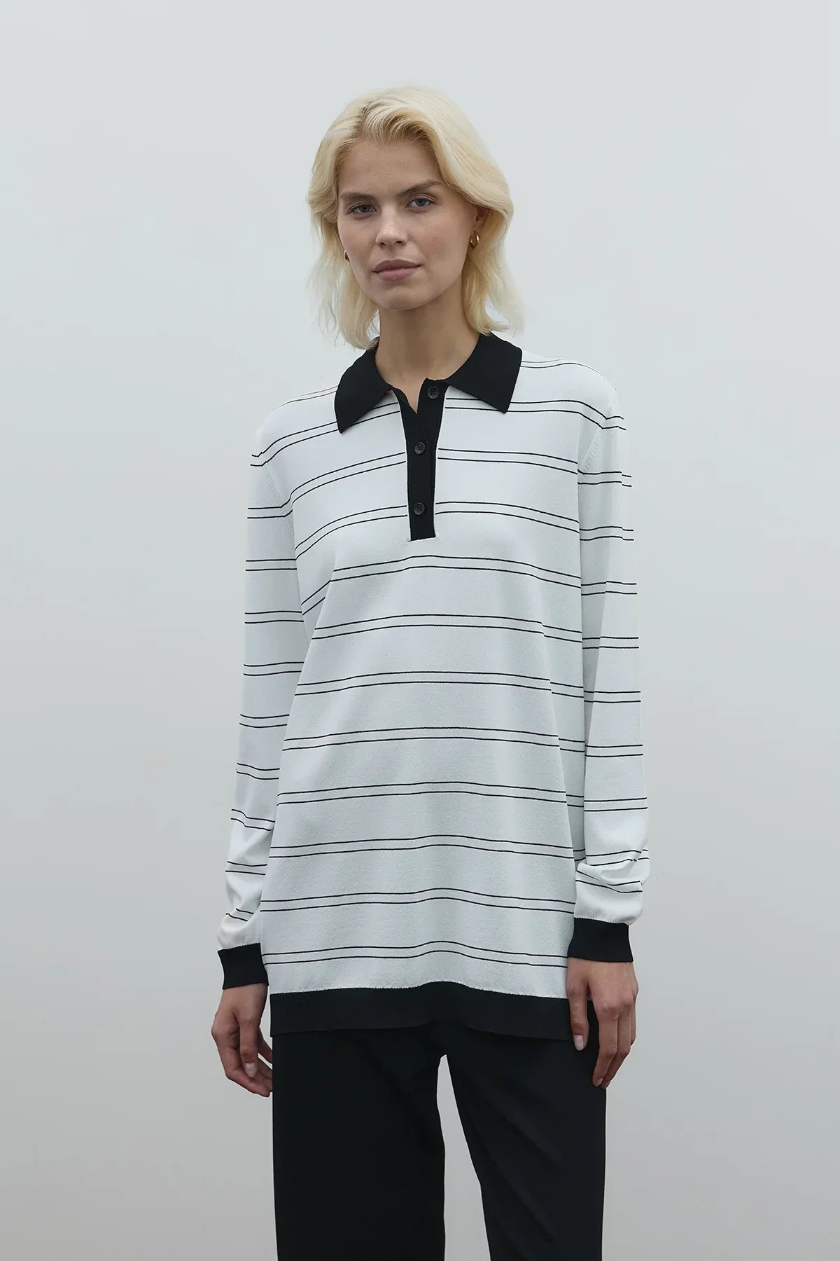 Çizgili Merserize Triko Tunik - Siyah