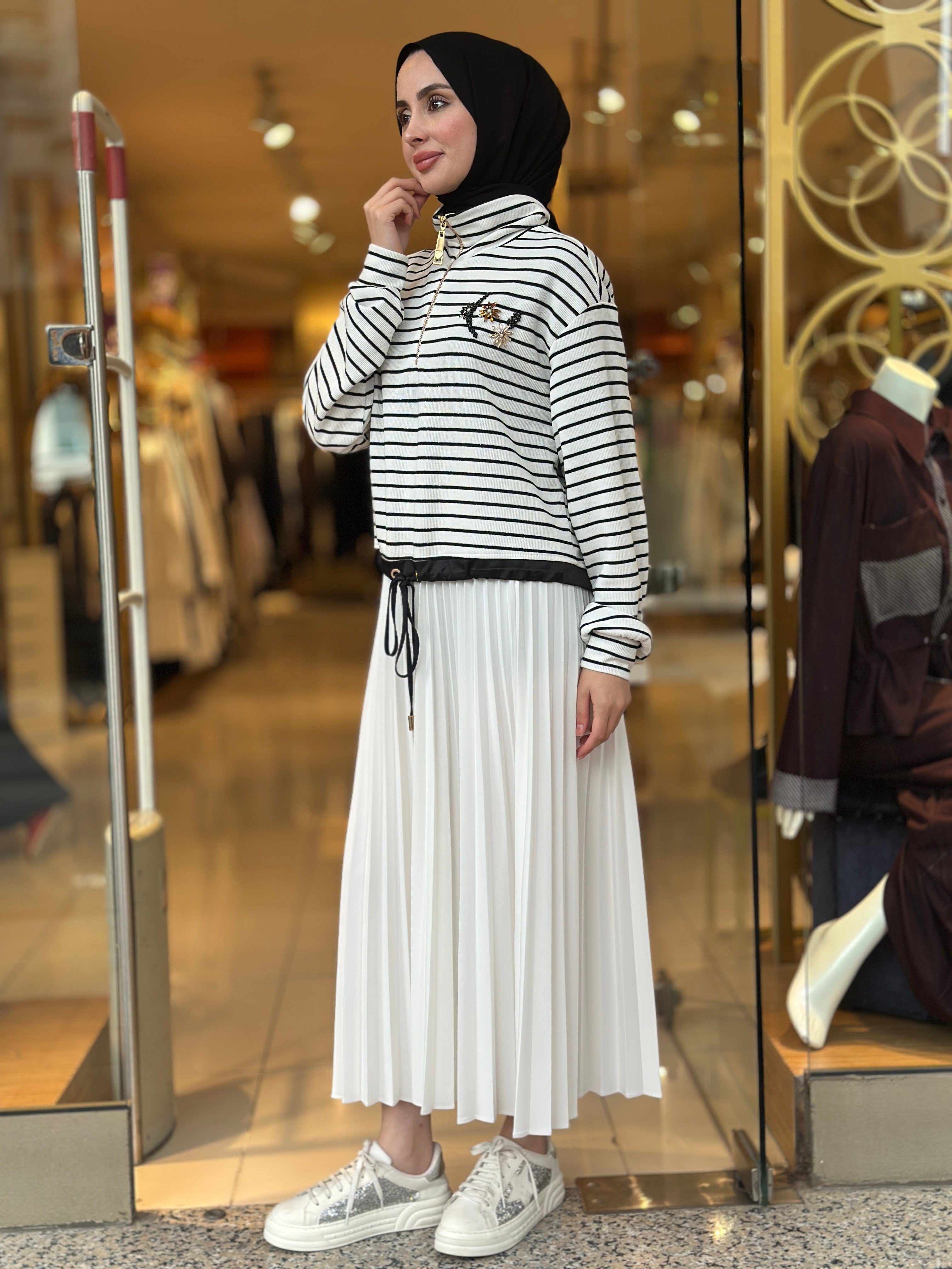 Çizgili Zıp Sweatshirt - Ekru 