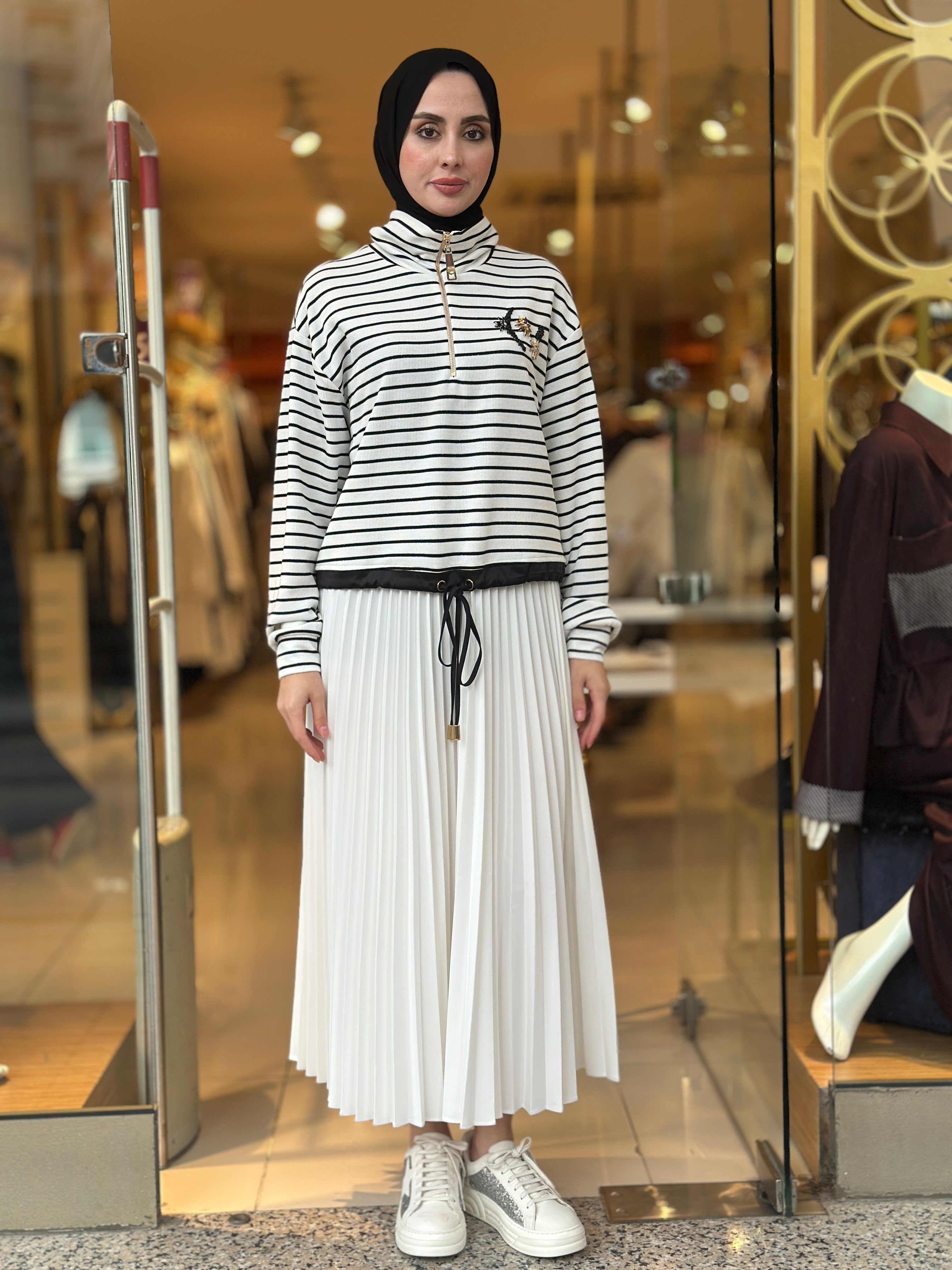 Çizgili Zıp Sweatshirt - Ekru 
