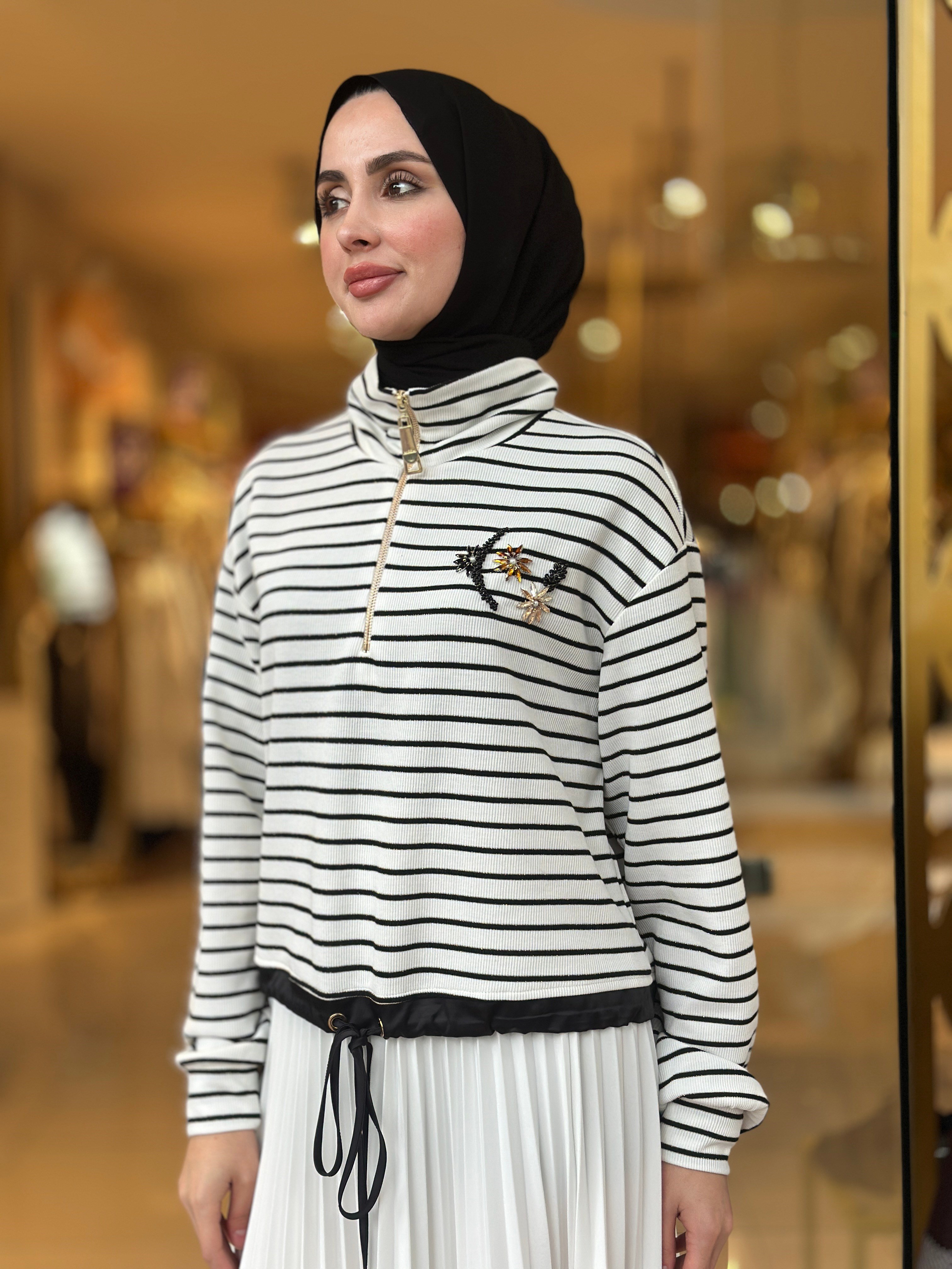 Çizgili Zıp Sweatshirt - Ekru 