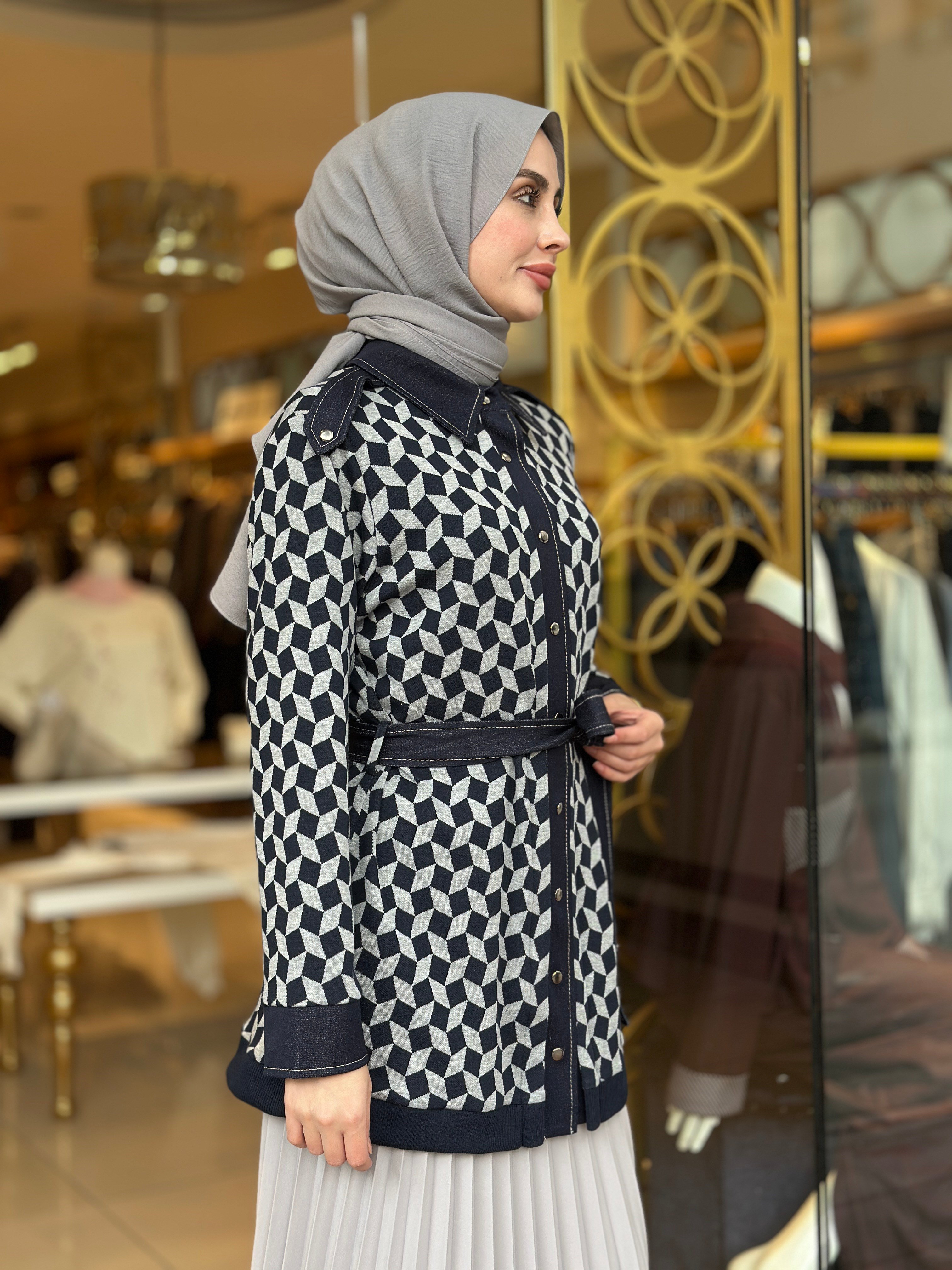 Desenli Kuşaklı Triko Ceket - Lacivert