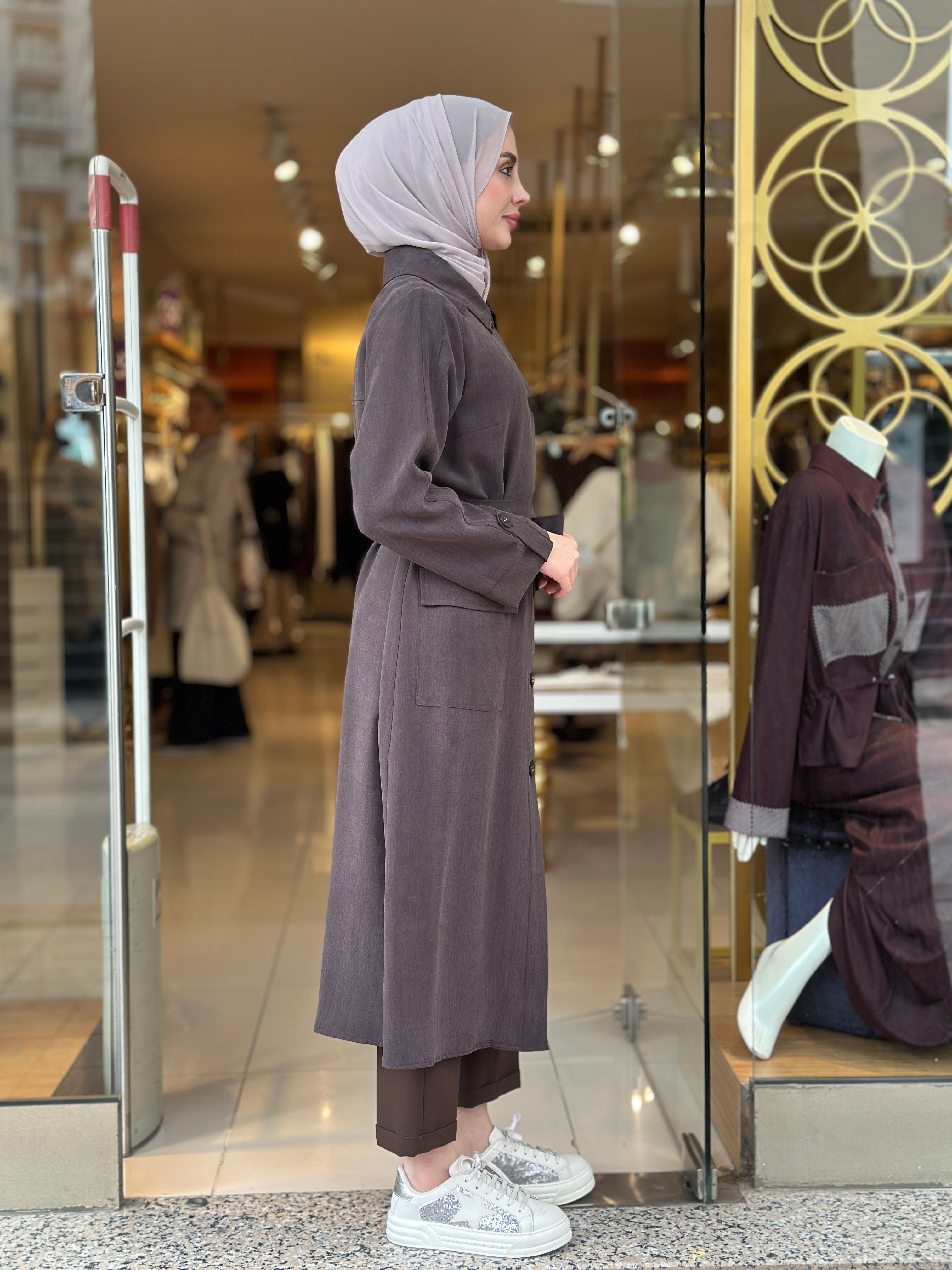 Düğme Detaylı Kap - Kahverengi