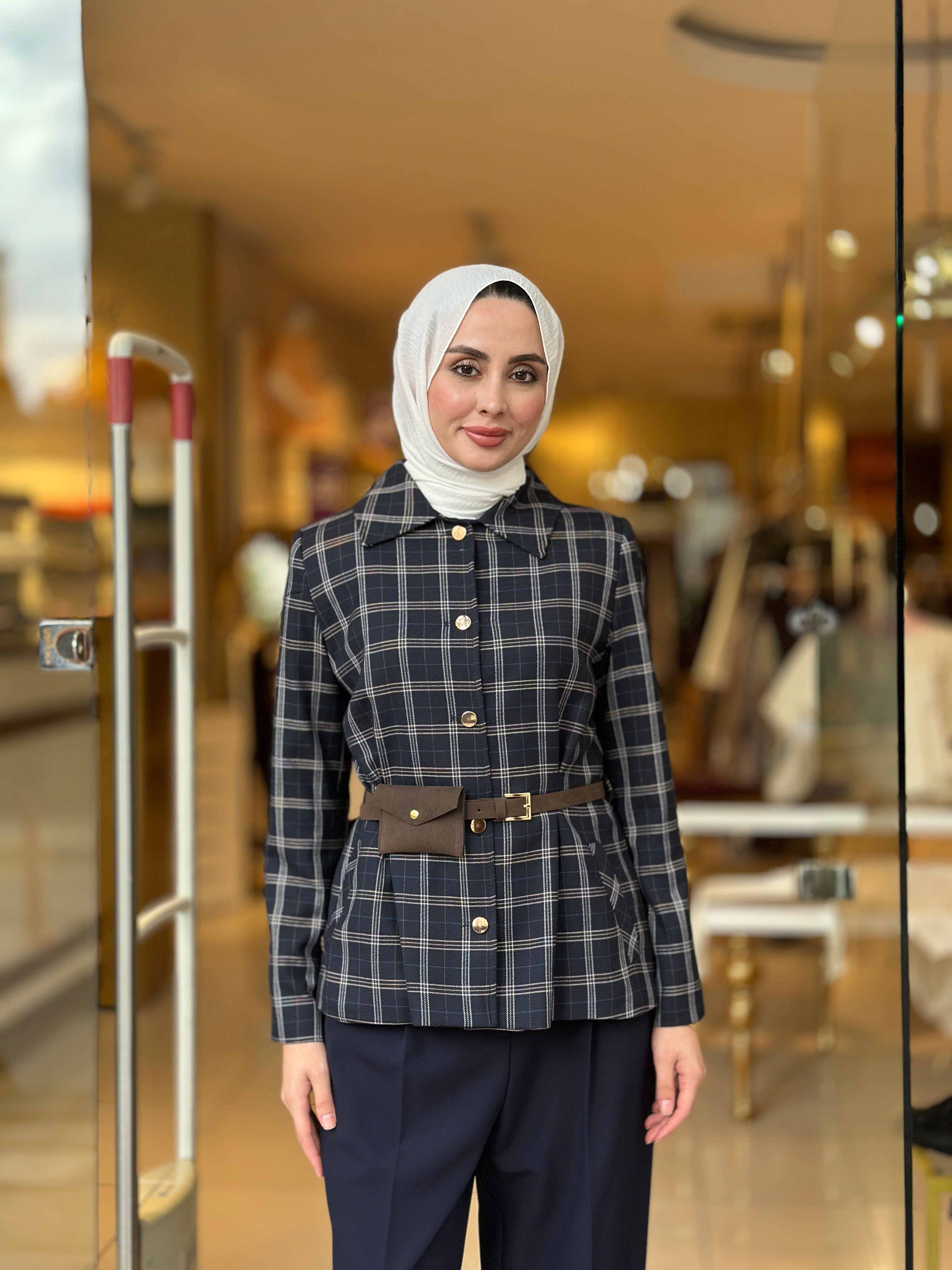 Ekose Desenli Kemer Detaylı Ceket - Lacivert