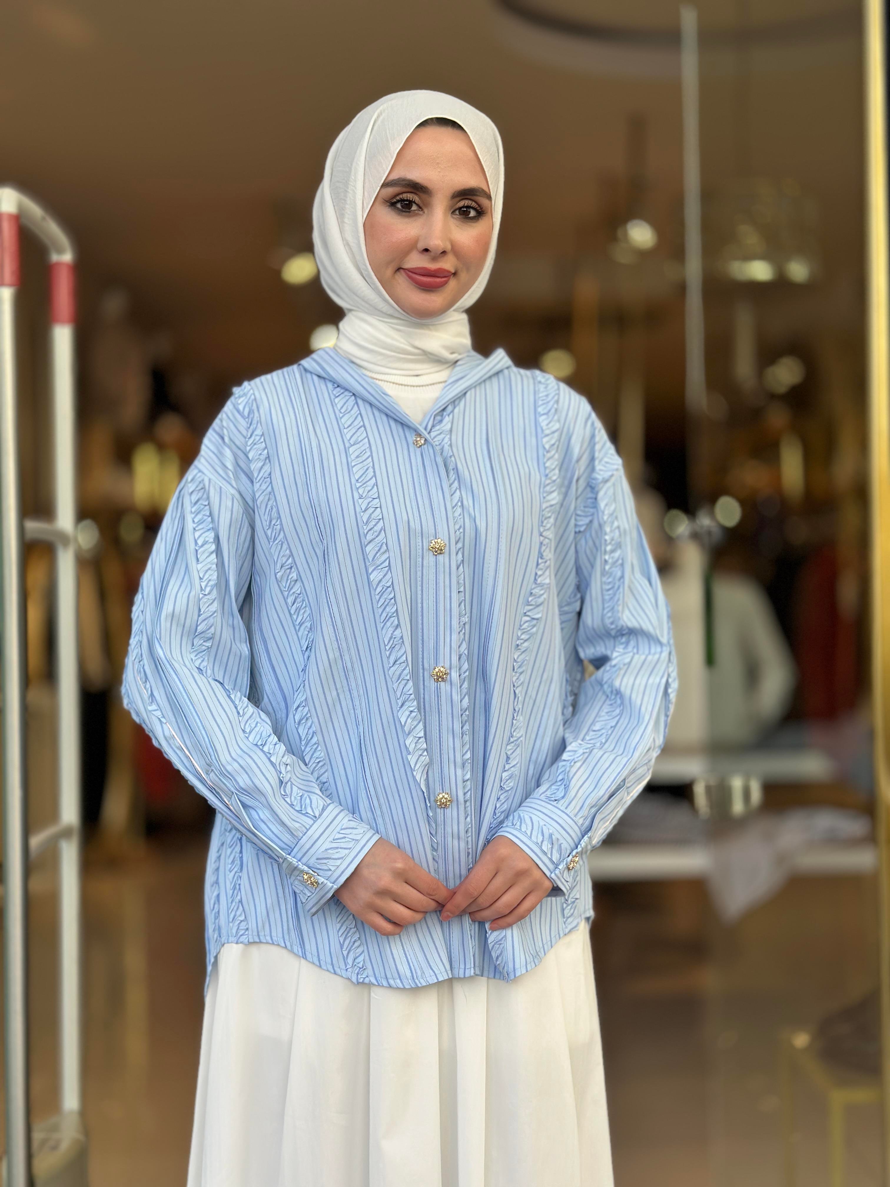 Fırfır Detay Kapişonlu Tunik - Mavi