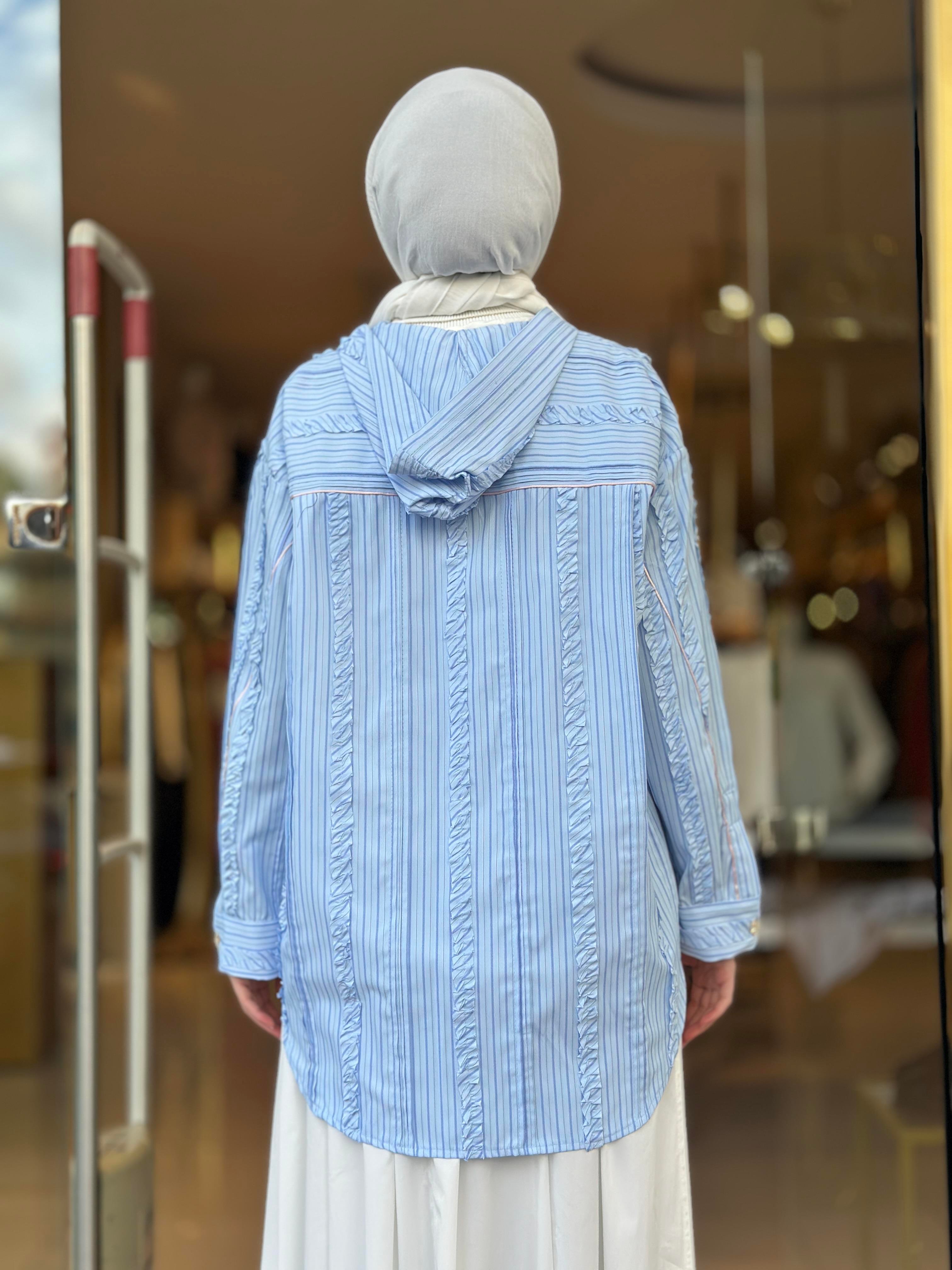 Fırfır Detay Kapişonlu Tunik - Mavi