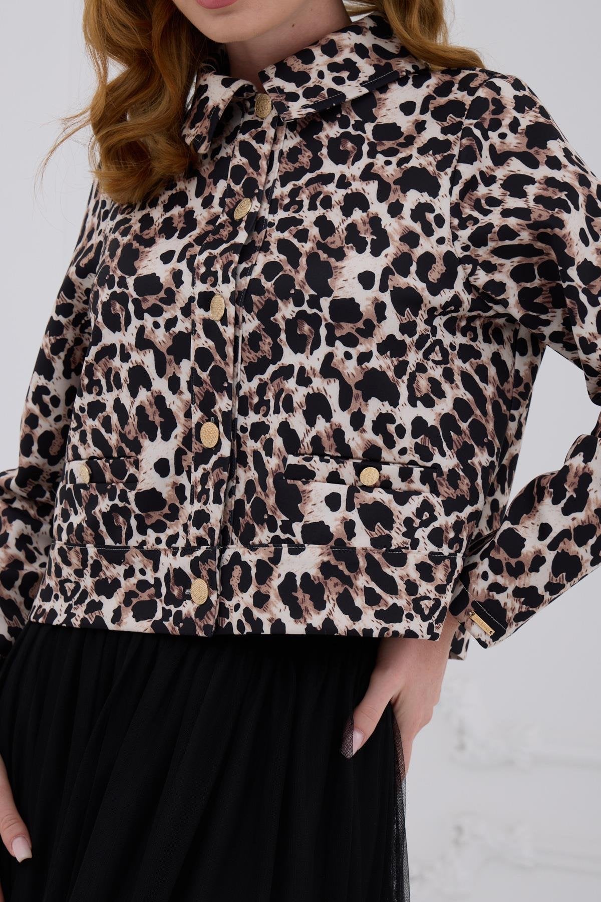Gold Düğmeli Scuba Leopar Ceket