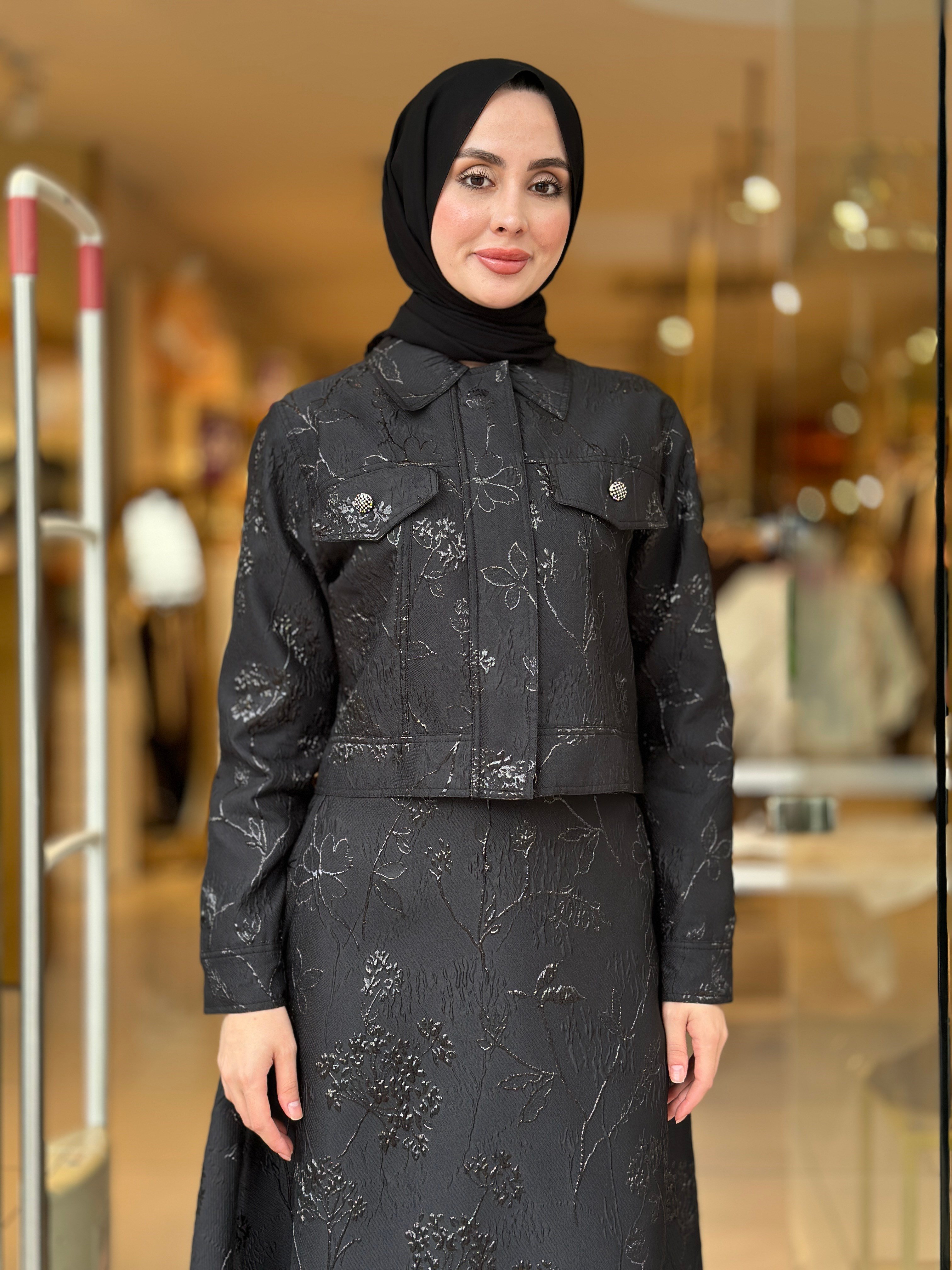 Jakarlı Çiçek Desenli Takım - Siyah 
