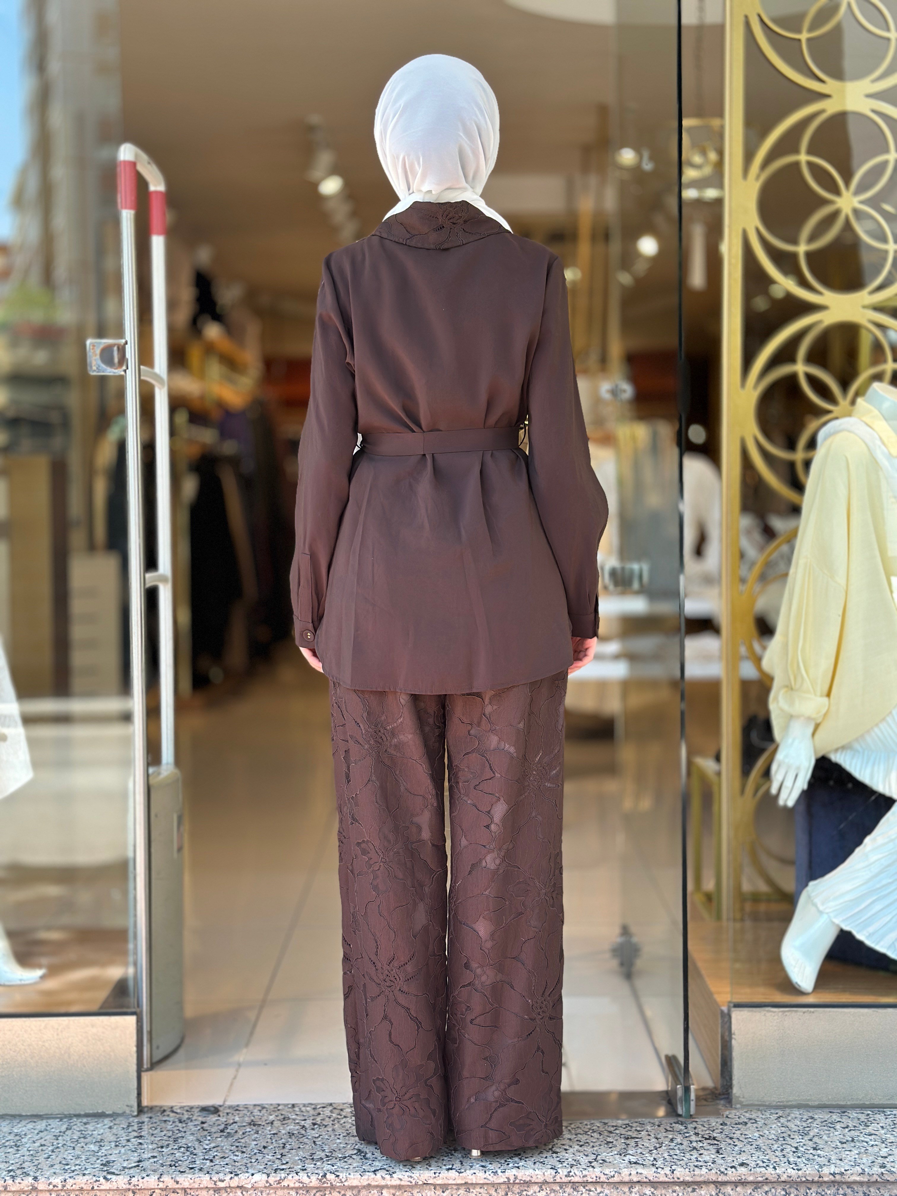 Kabartmalı Dantel Takım - Kahverengi 