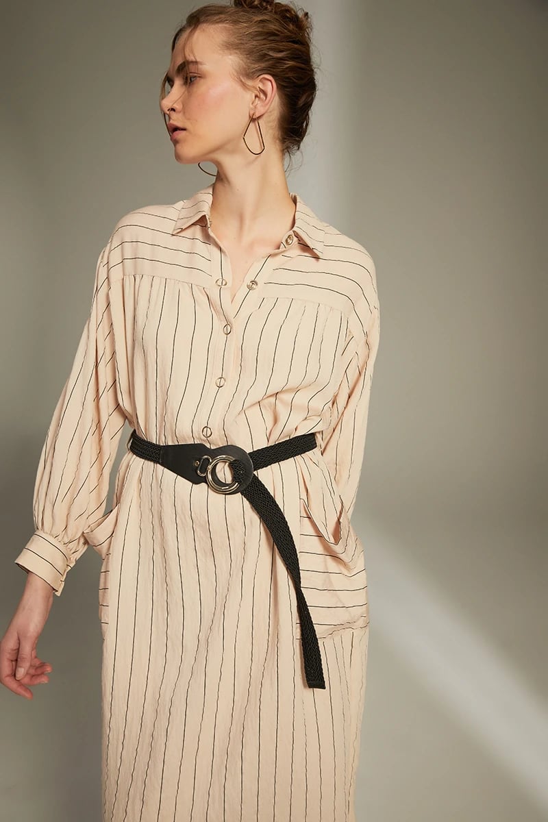 Kemerli Maxi Elbise - Bej