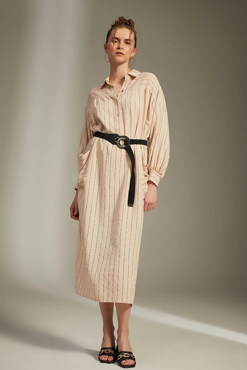 Kemerli Maxi Elbise - Bej
