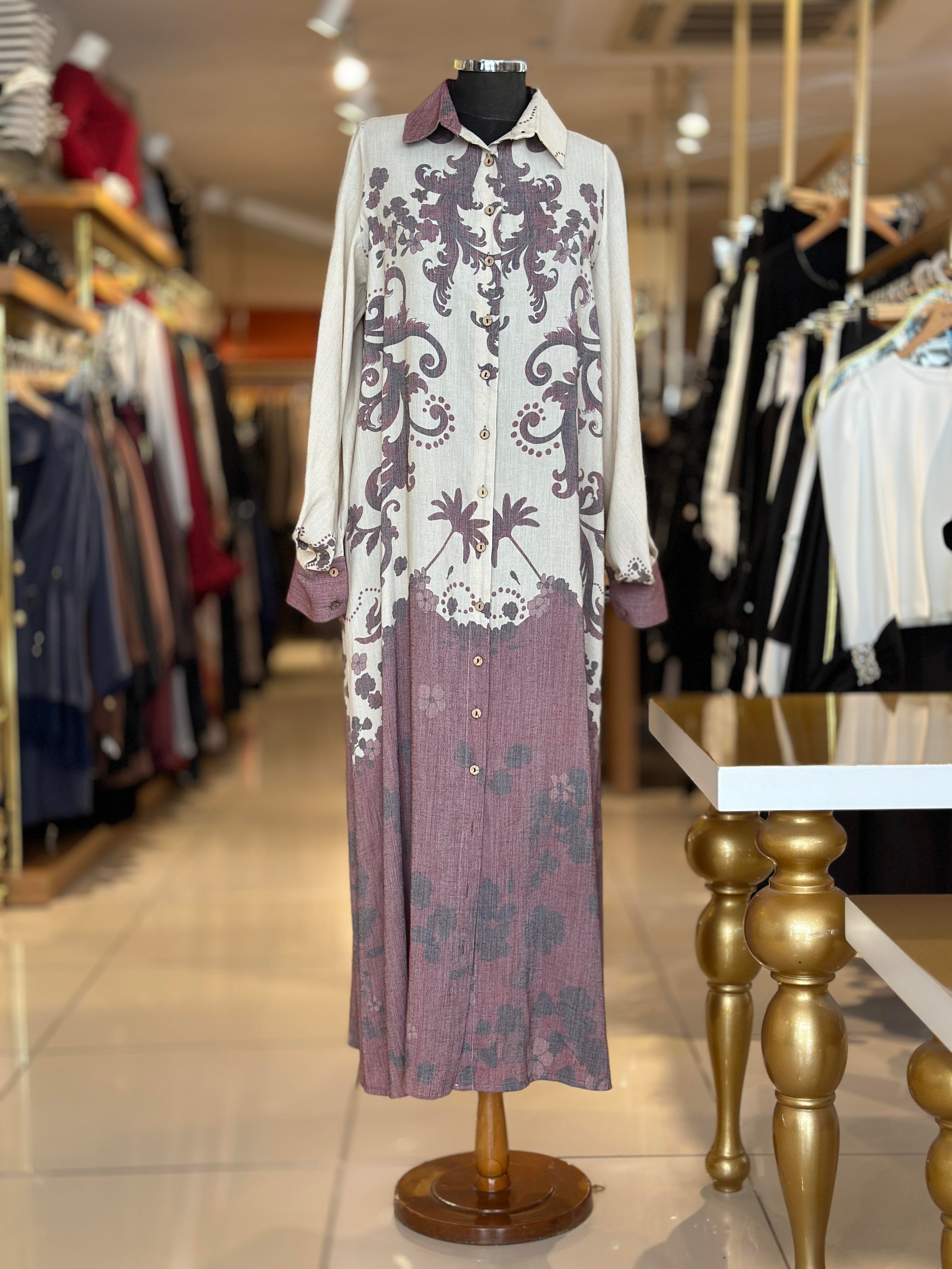 Keten Bohemian Desenli Gömlek Elbise - Bordo