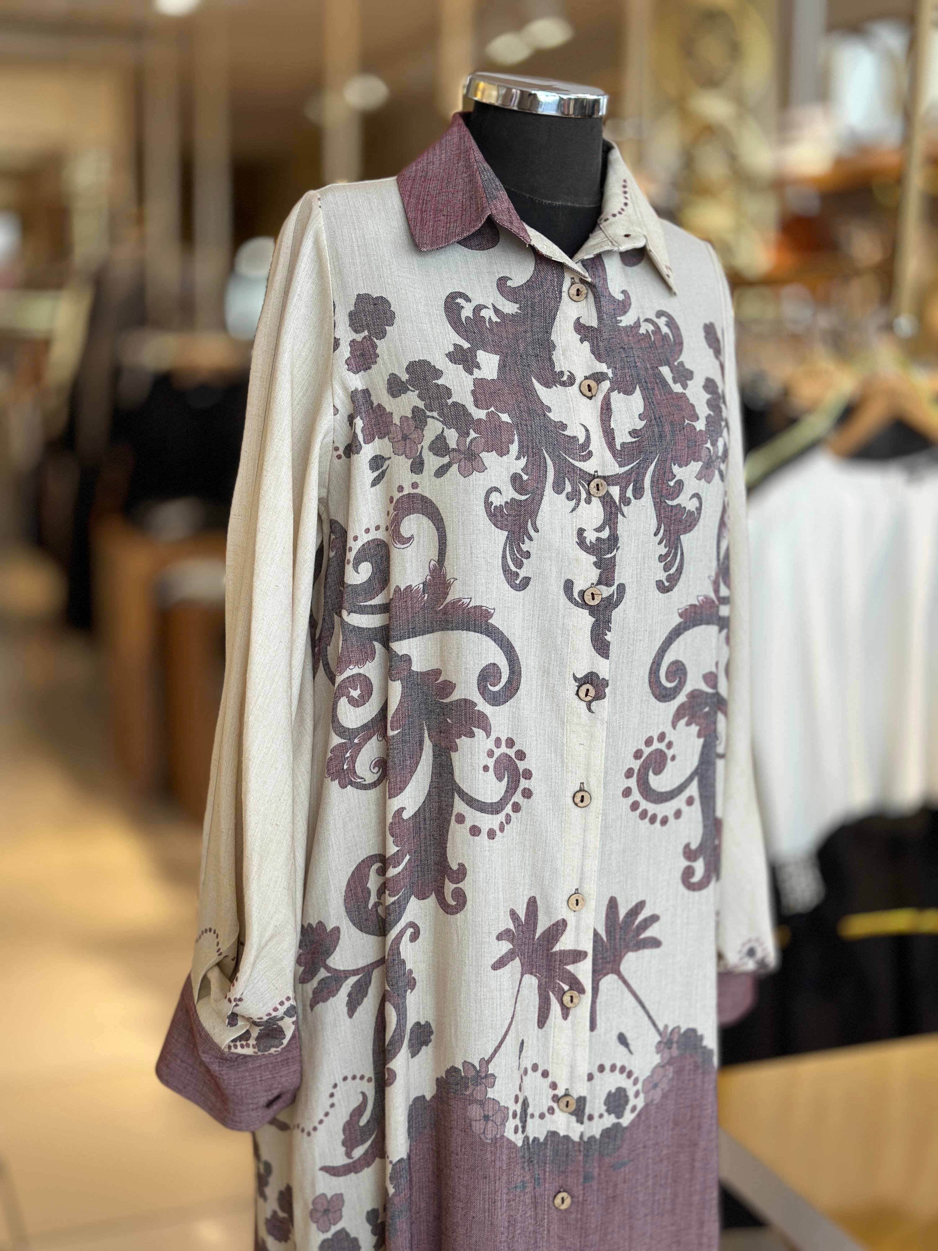 Keten Bohemian Desenli Gömlek Elbise - Bordo
